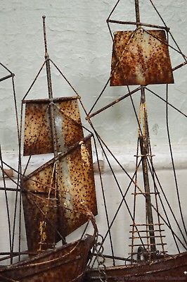 Curtis Jere Large Rusted Metal Wall Sculpture of Sailboats & Ships