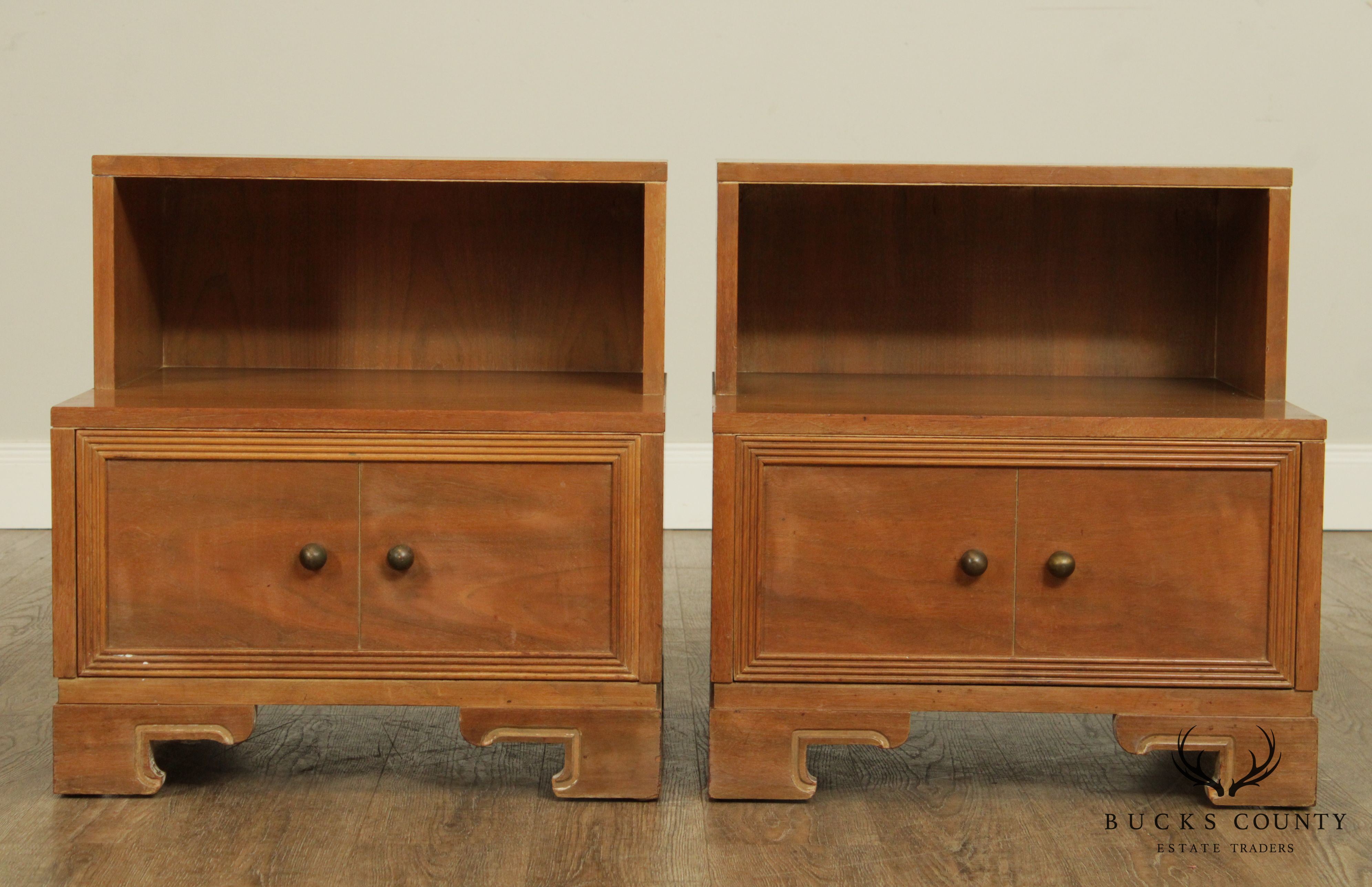 Mid Century Modern James Mont Inspired Pair Walnut Step Nightstands