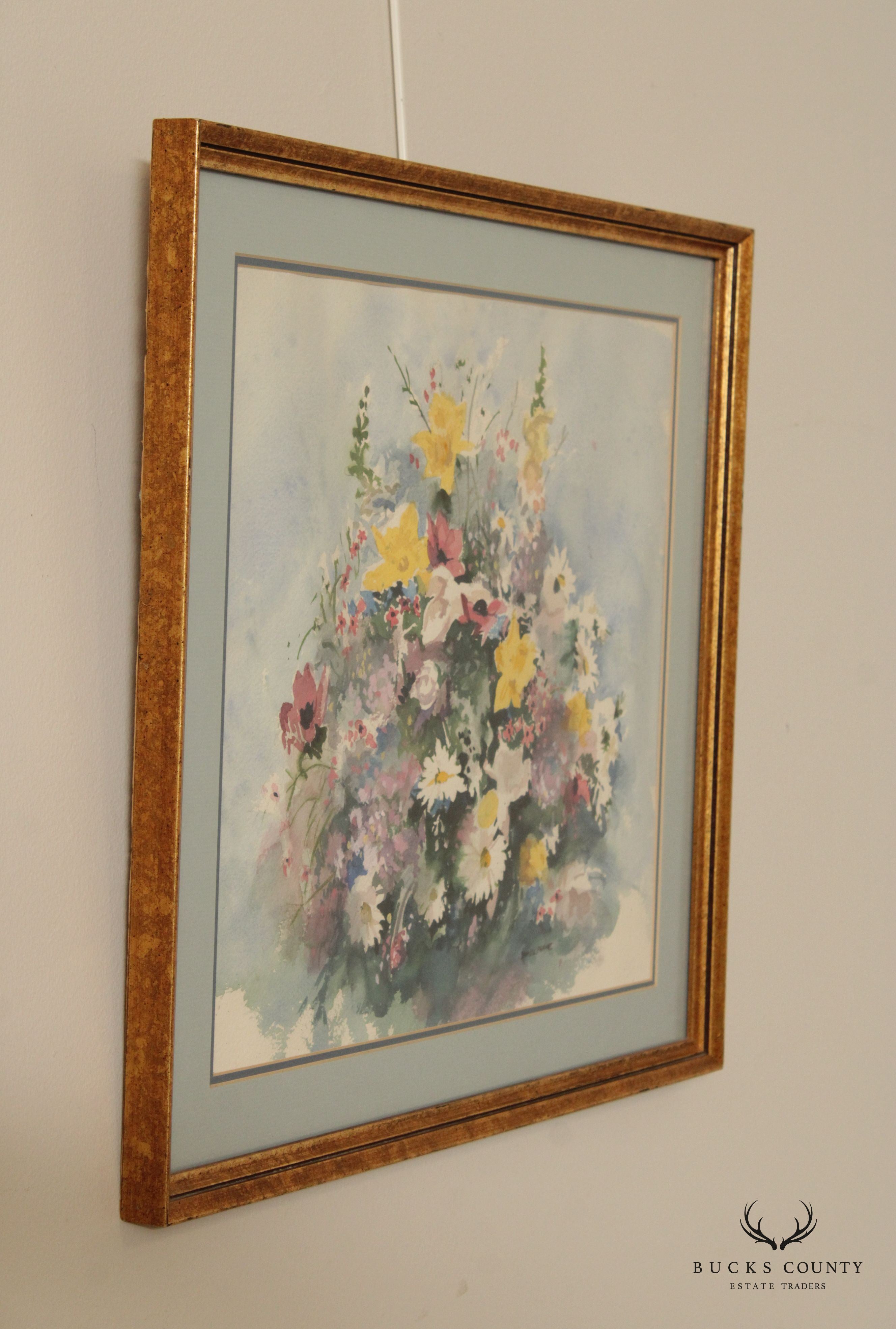 David L. Frame Floral Watercolor Painting, Custom Framed