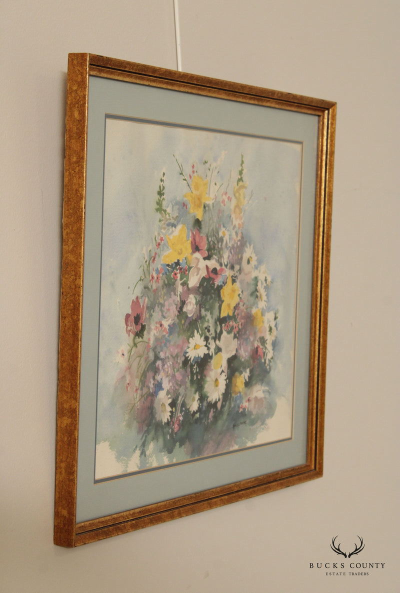 David L. Frame Floral Watercolor Painting, Custom Framed