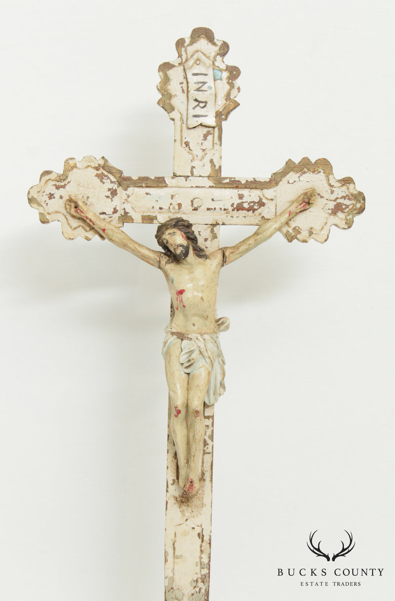 Antique 19th Century Hand Carved Polychrome, Painted Crucifix