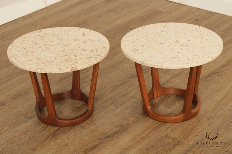 Lane Mid Century Modern Pair of 'Rhythm' Walnut Round Travertine Top Side Tables