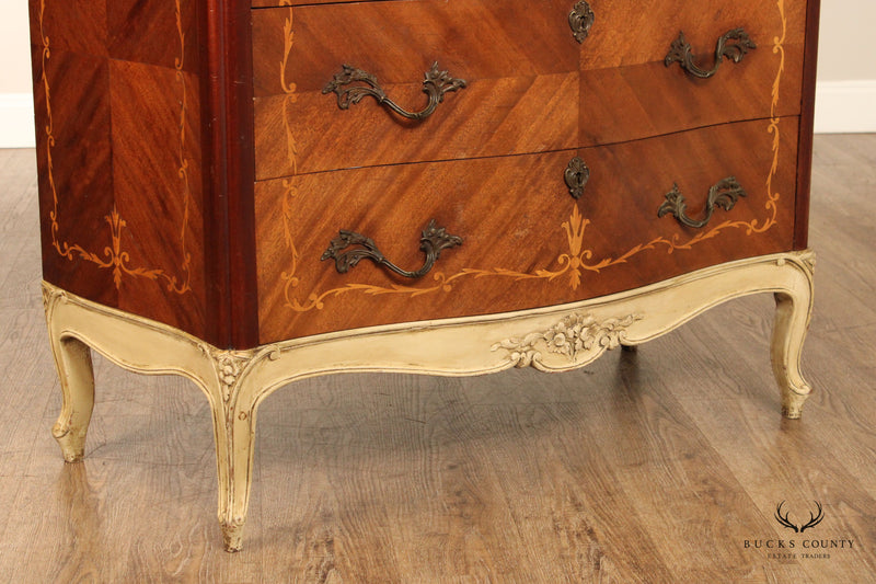 1920's French Marquetry Inlaid Marble Top Chest of Drawers