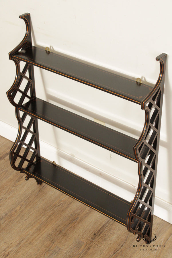 Maitland Smith Black and Parcel Gilt Painted Wall Hanging Wall Shelf Etagere