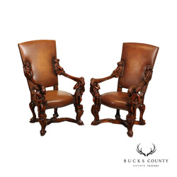 Theodore Alexander Pair Of Figural Carved Baroque Style  Throne Armchairs