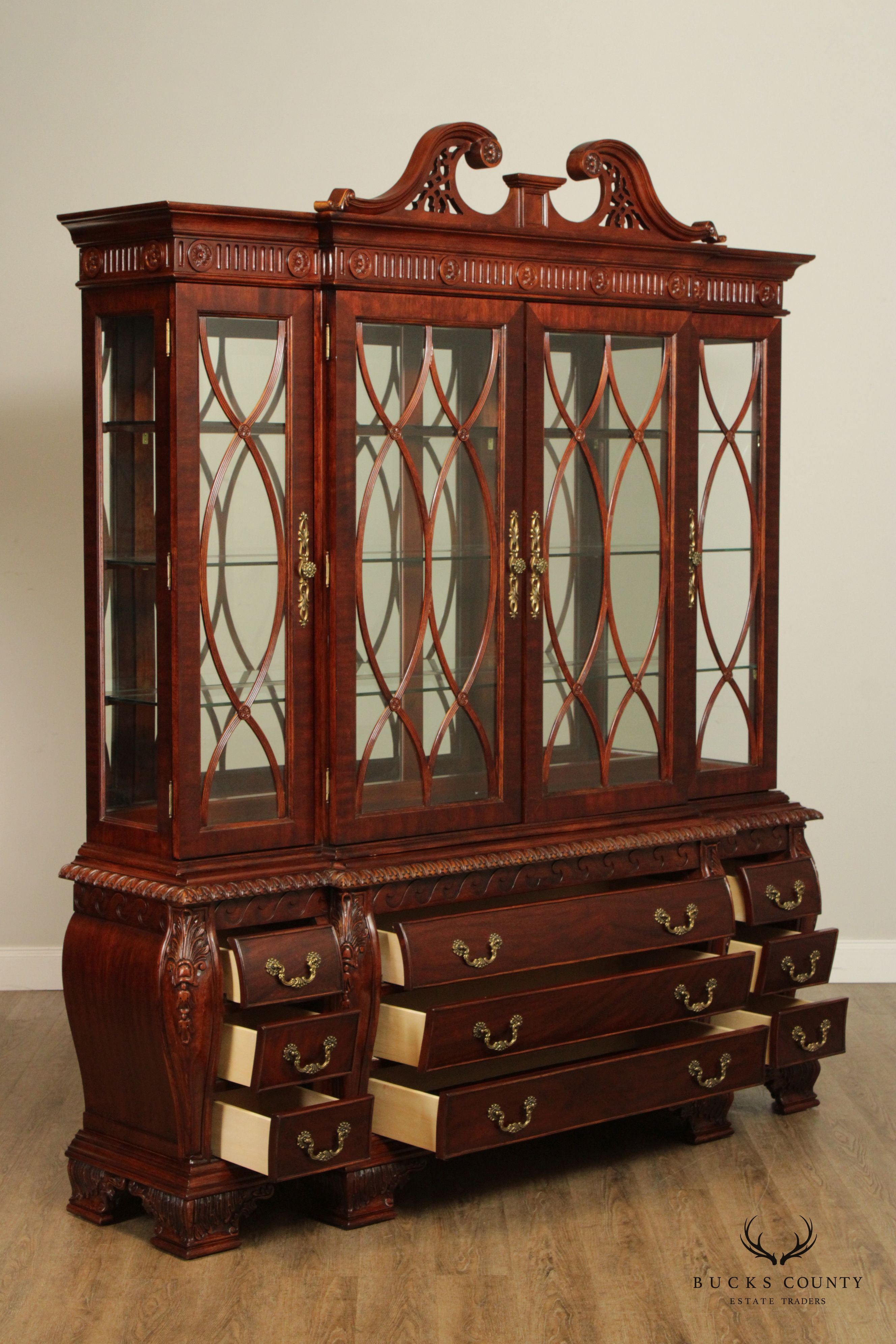 Federal Style Carved Mahogany Lighted Breakfront China Cabinet