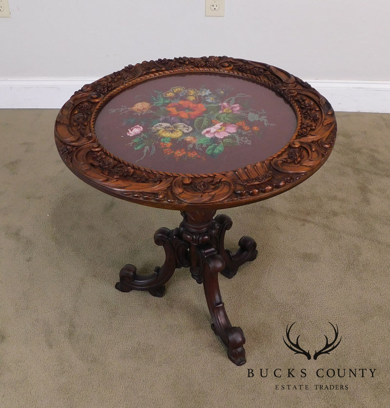 Renaissance Revival Antique Hand Carved Solid Walnut Round Table with Beeded Needlework