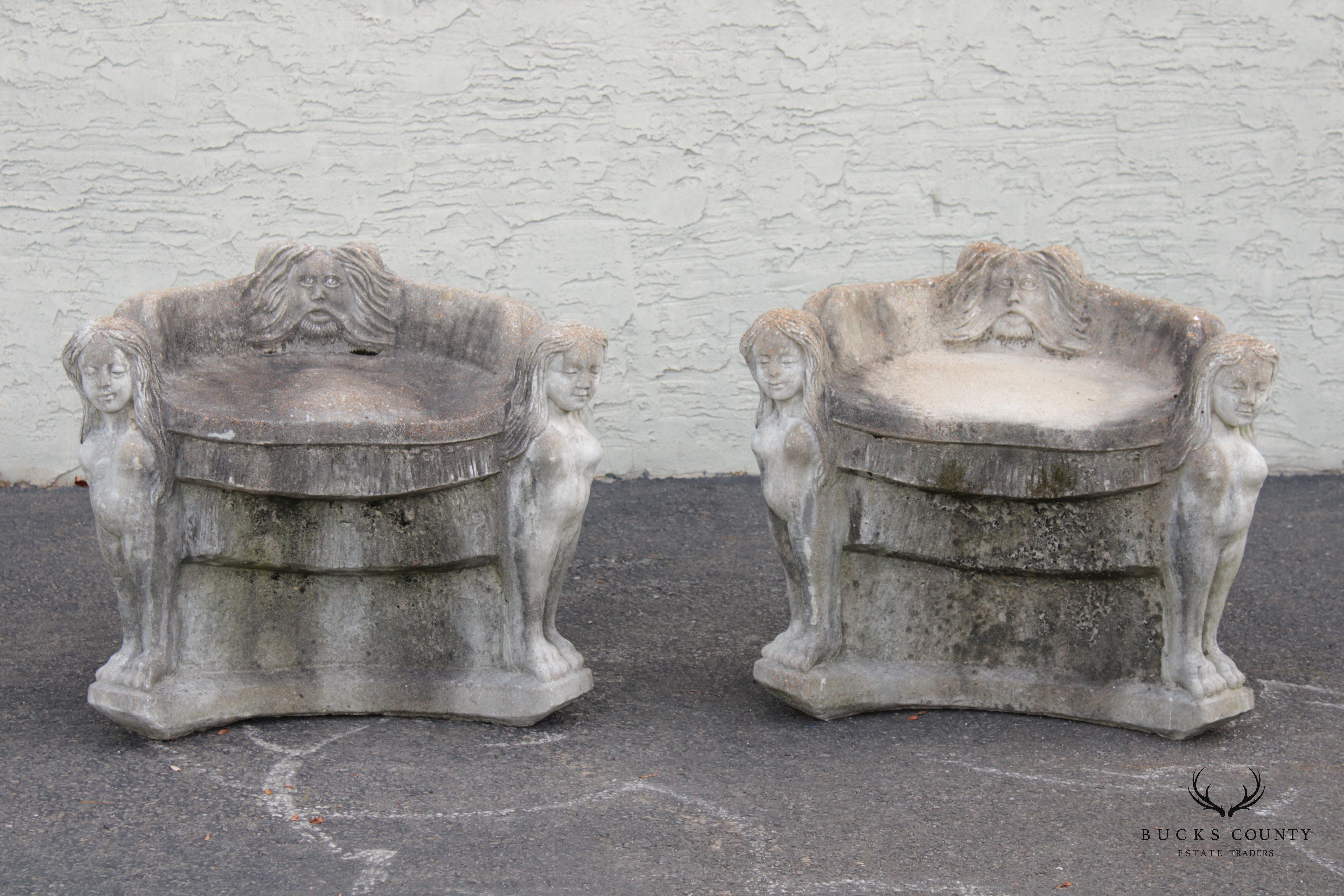 Antique Figural Pair Concrete Stone Grotto Garden Chairs