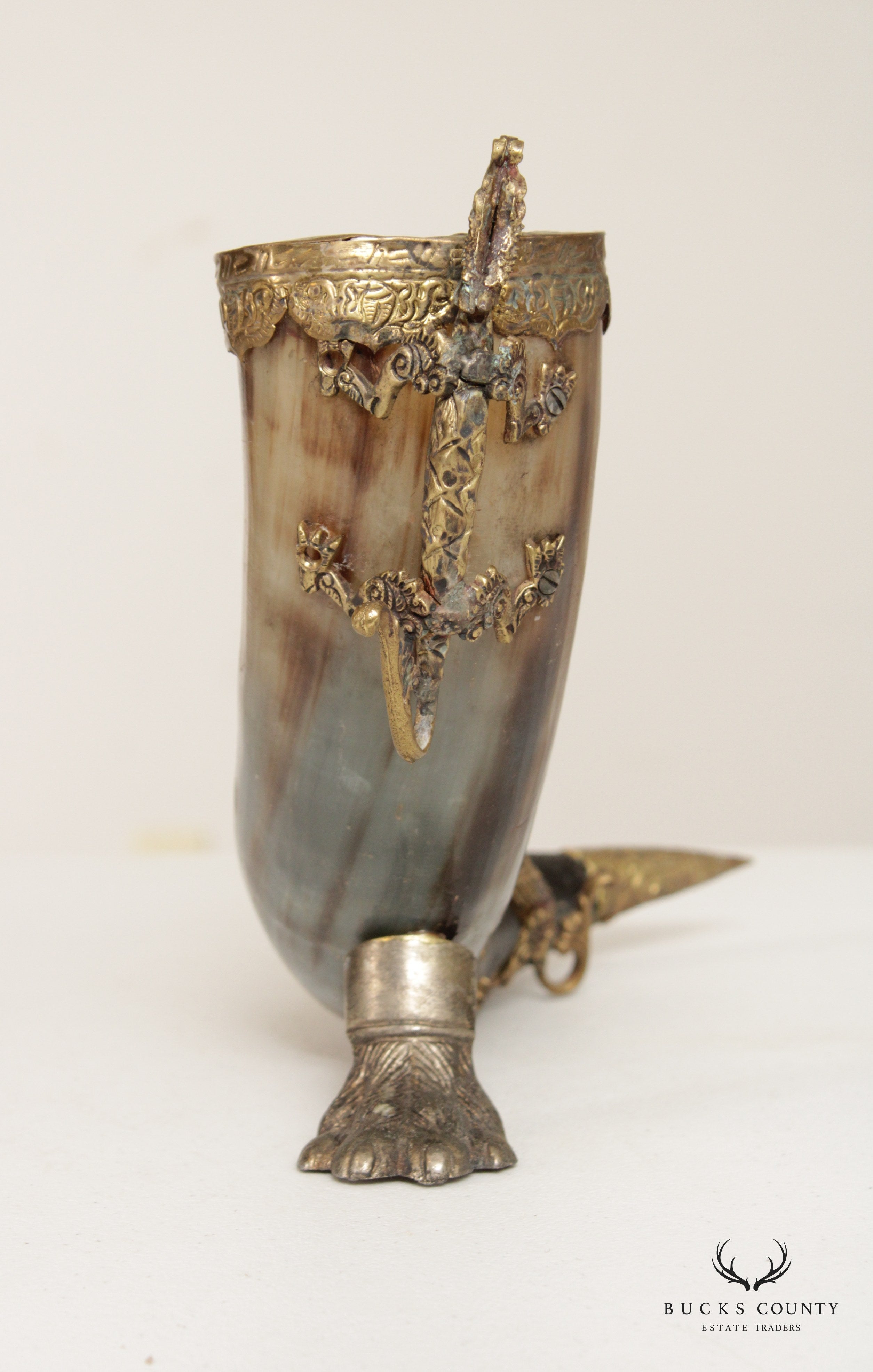 Antique Brass Dragon Mounted Drinking Horn