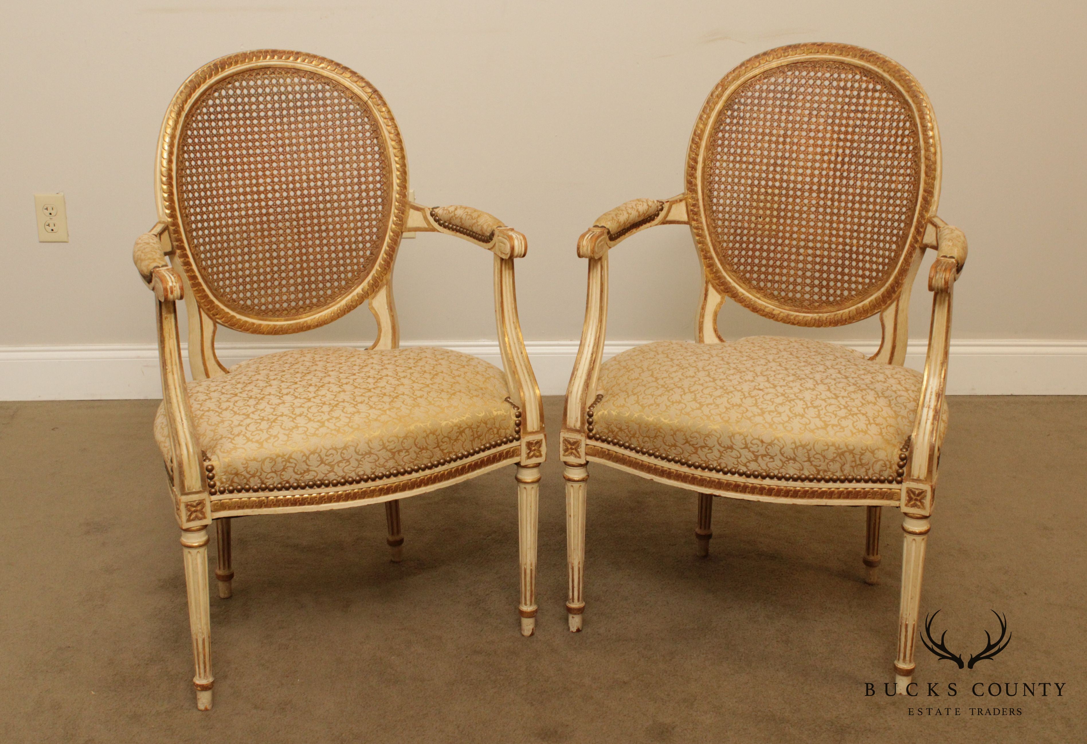 French Louis XVI Style Vintage Pair Partial Gilt Painted Cane Back Armchairs