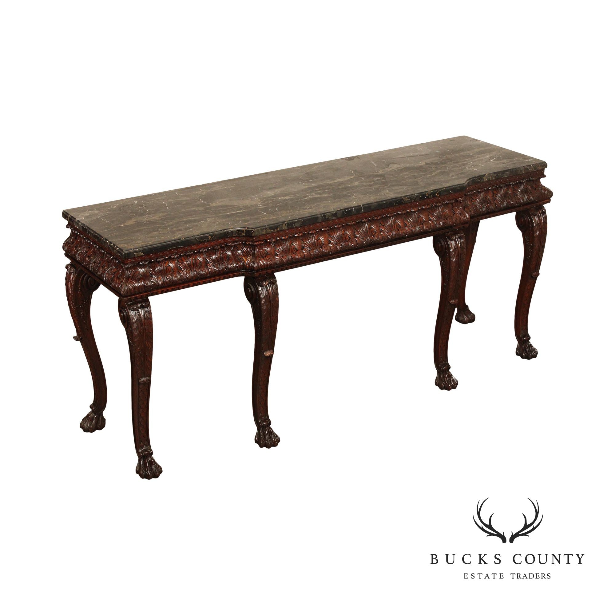 Antique Georgian Style Carved Mahogany Marble Top Console Table