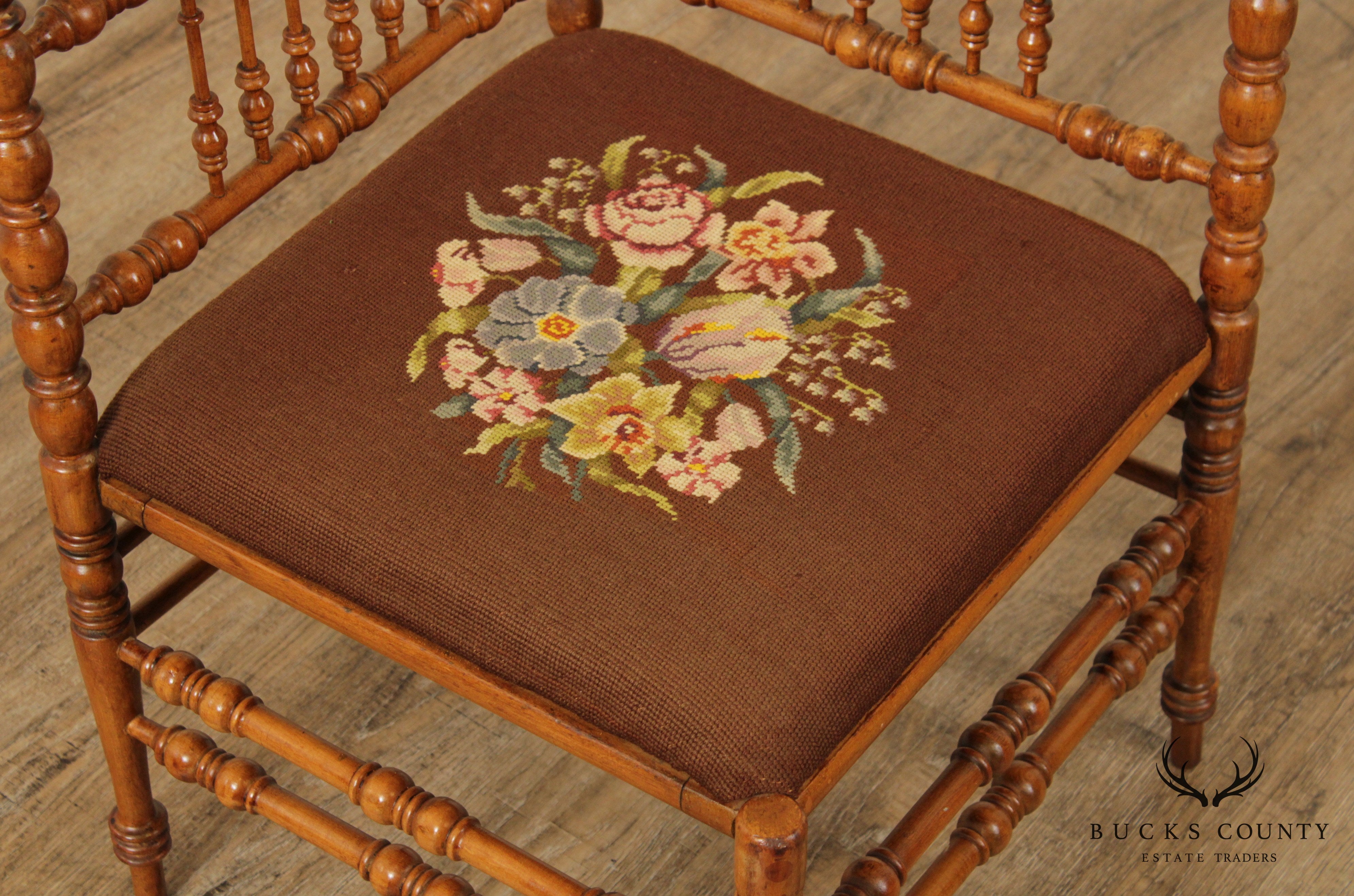 Victorian Antique Bobbin Turned Needlepoint Corner Chair