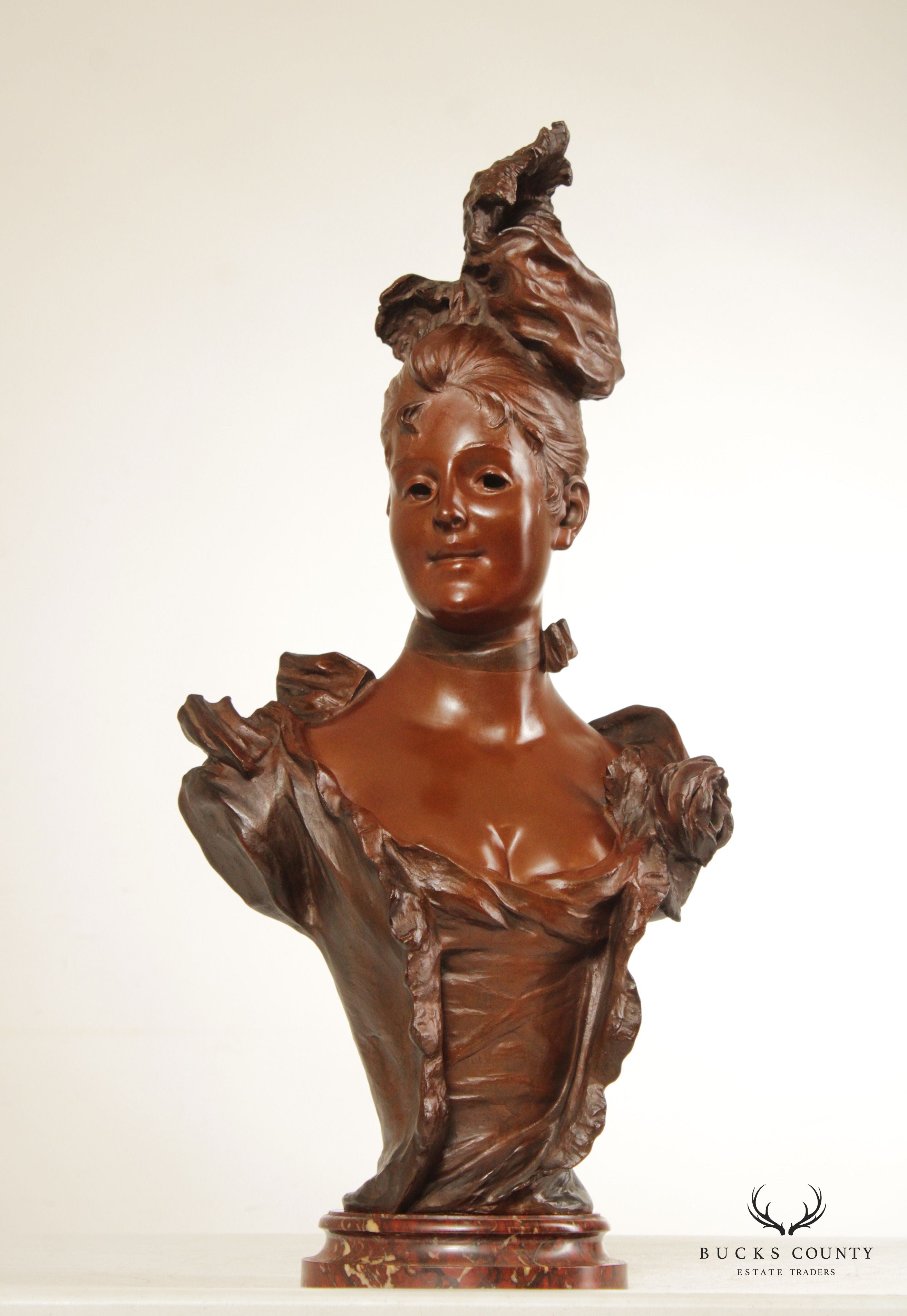 French Art Nouveau Bronze Female Bust Sculpture, After Victor Bruyneel