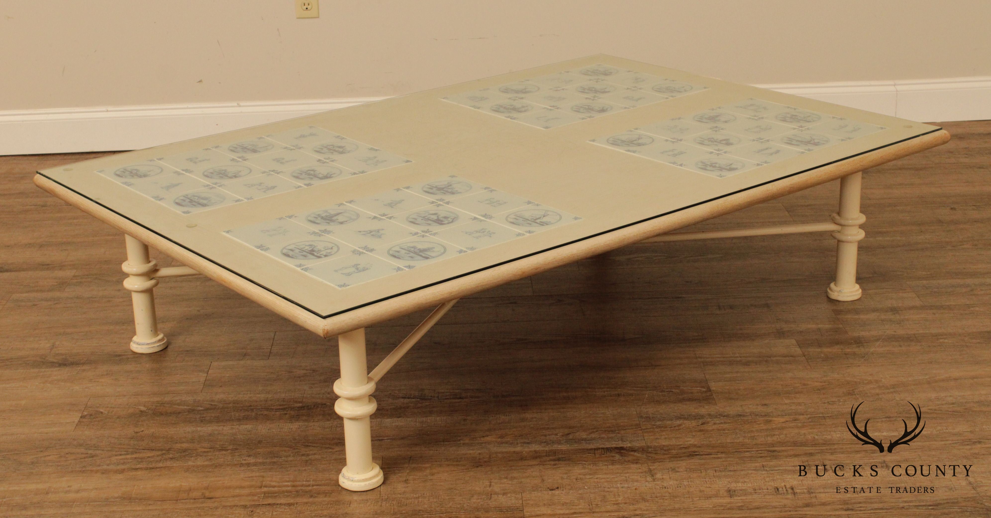 Custom Crafted Iron Base Coffee Table Cerused Oak Delft Tile Top