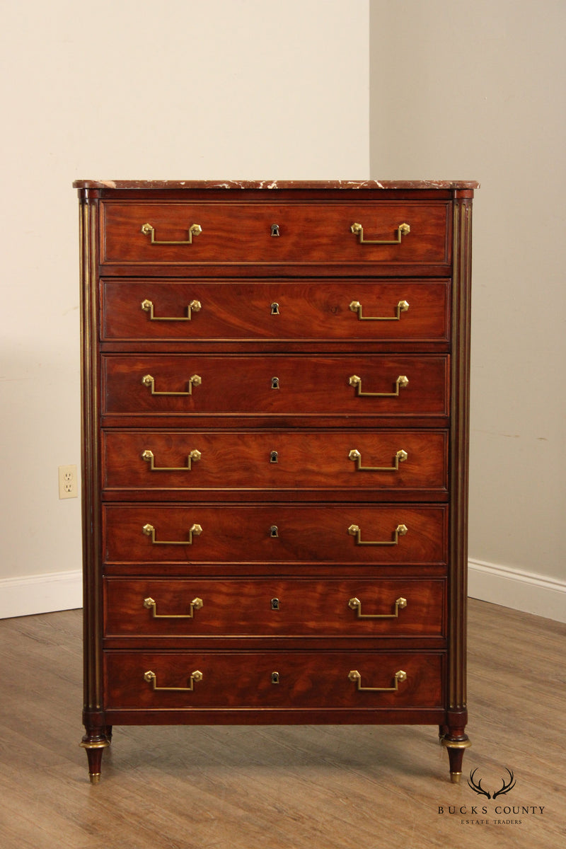 French Louis XVI Directoire Style Antique Marble Top Mahogany Semainier High Chest of Drawers