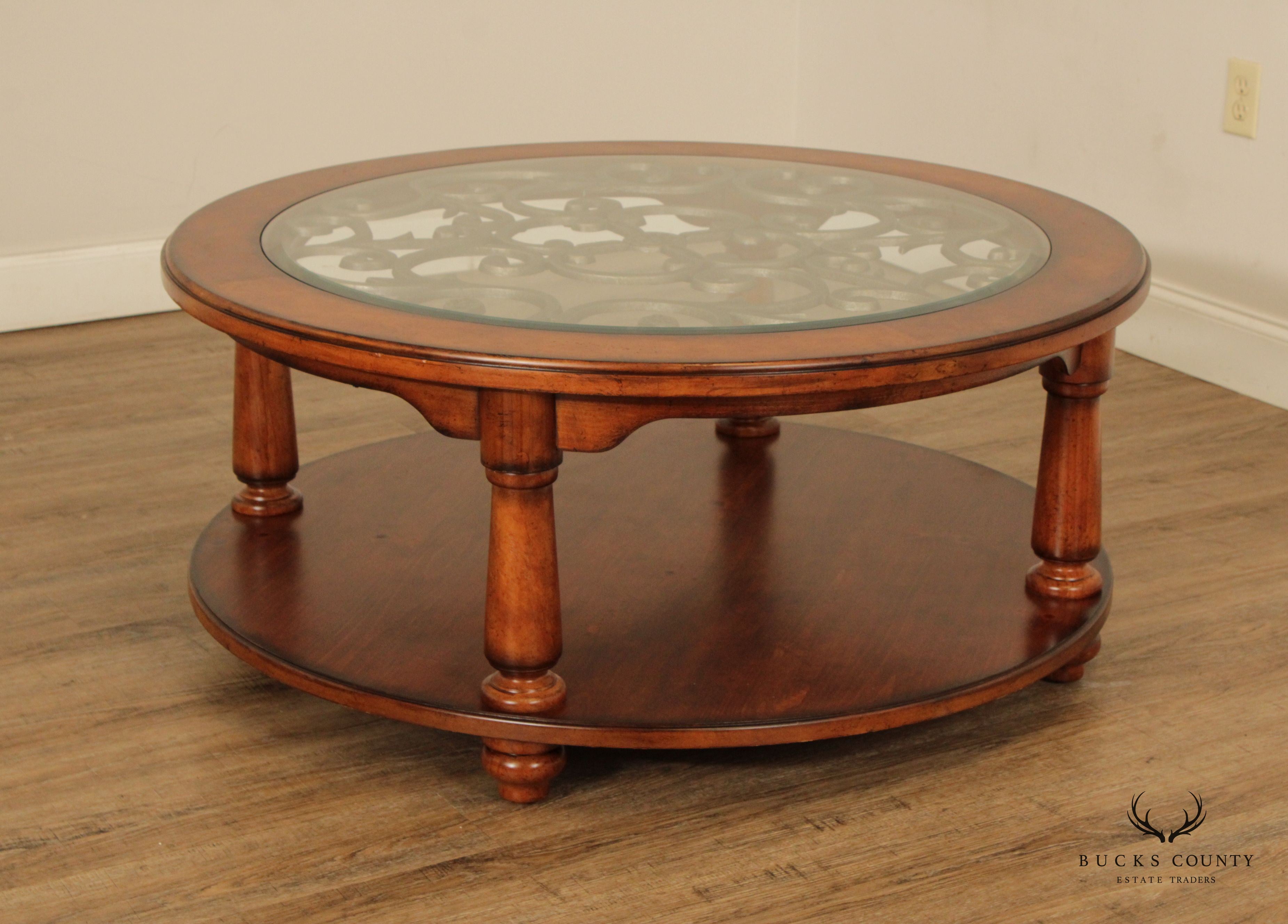 Rustic European Style Wood and Glass Top Iron Scroll Round Cocktail Table