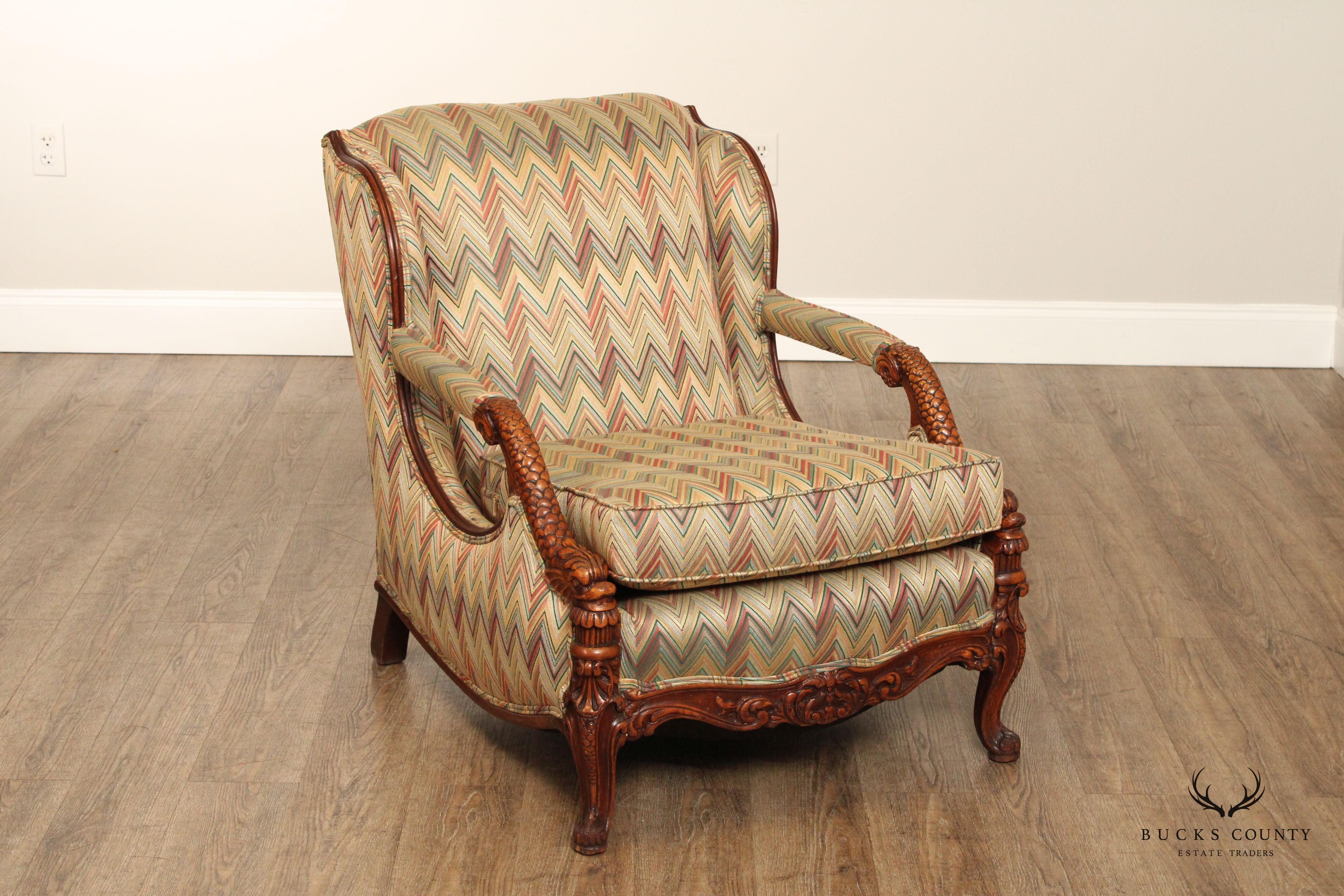 1930'S FRENCH REGENCY STYLE CARVED MAHOGANY LOUNGE CHAIR