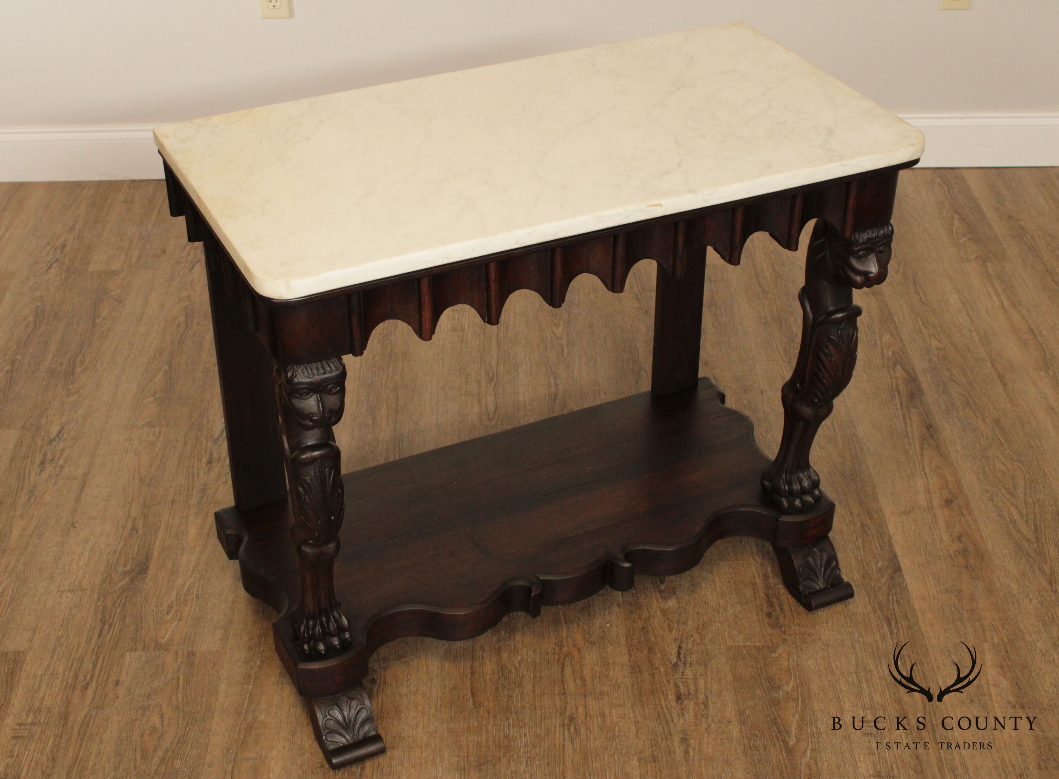 Antique 19th Century Anglo Indian Renaissance Carved Rosewood Marble Top Consoles Tables