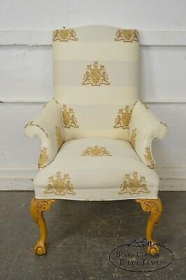 Thomasville Custom Lion Coat of Arms Upholstered Ball & Claw Wing Chair