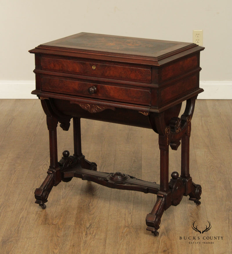 Antique Victorian George Hess Inlaid Walnut Sewing Stand or Dressing Table