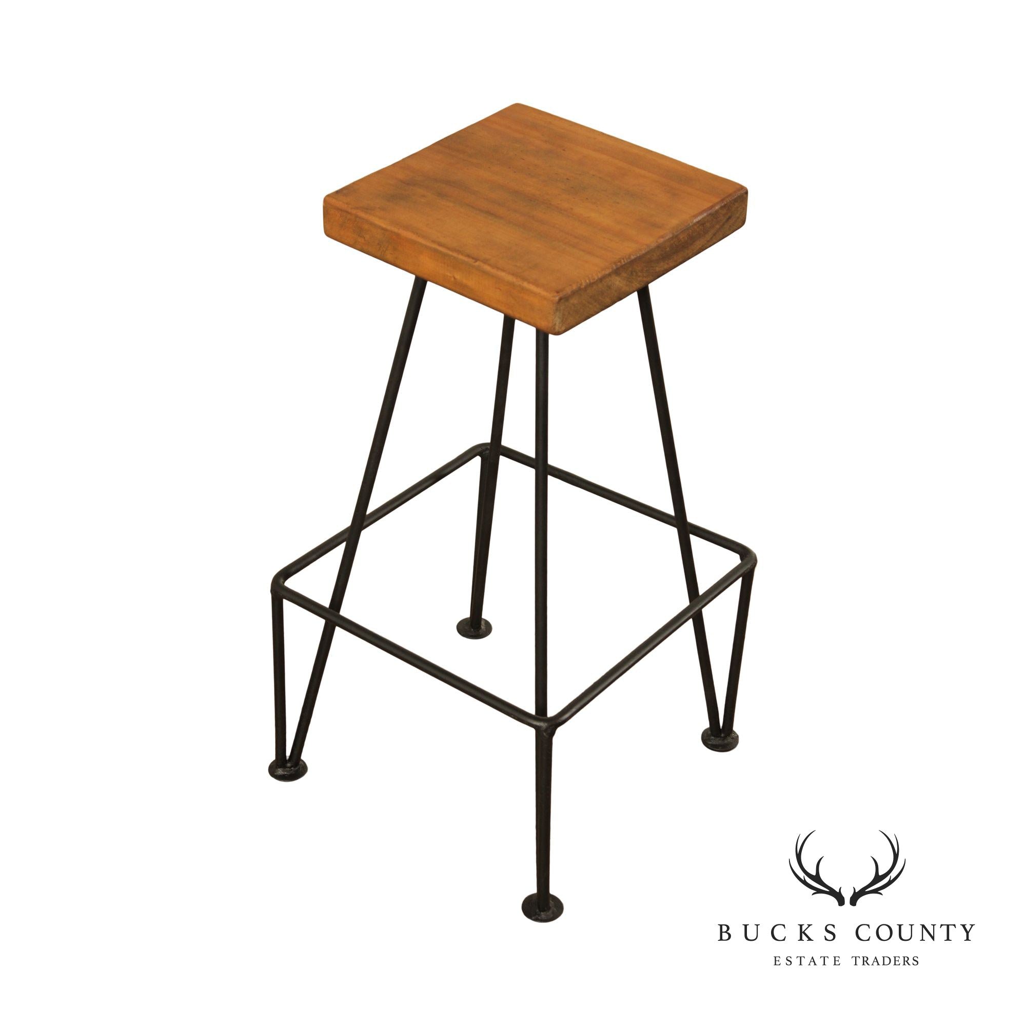 Industrial Midcentury Modern Style Wrought Iron & Wood Drafting or Bar Stool