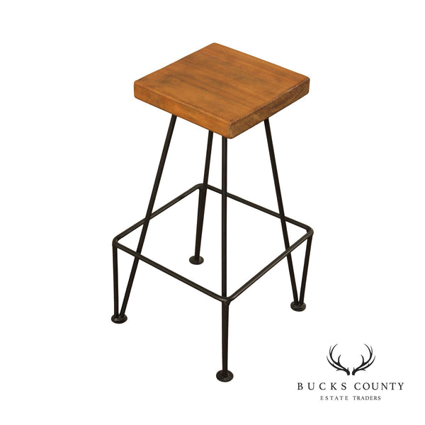 Industrial Midcentury Modern Style Wrought Iron & Wood Drafting or Bar Stool