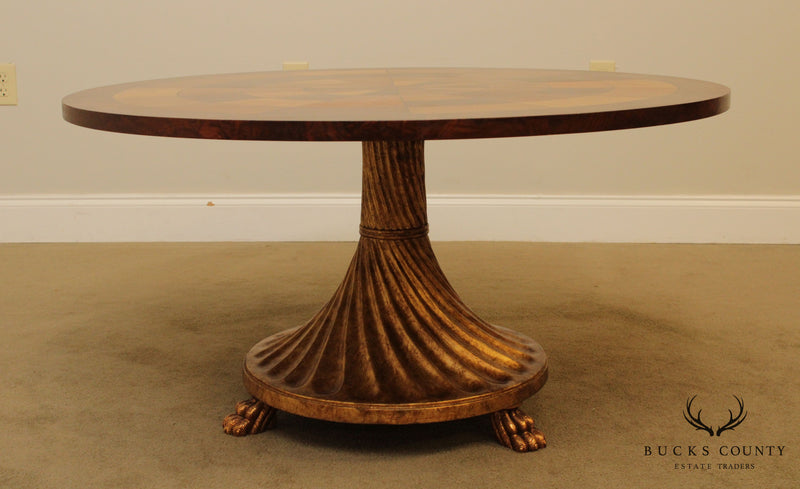 Quality Empire Style 42 inch Round Mixed Woods Inlaid Gilt Base Coffee Table