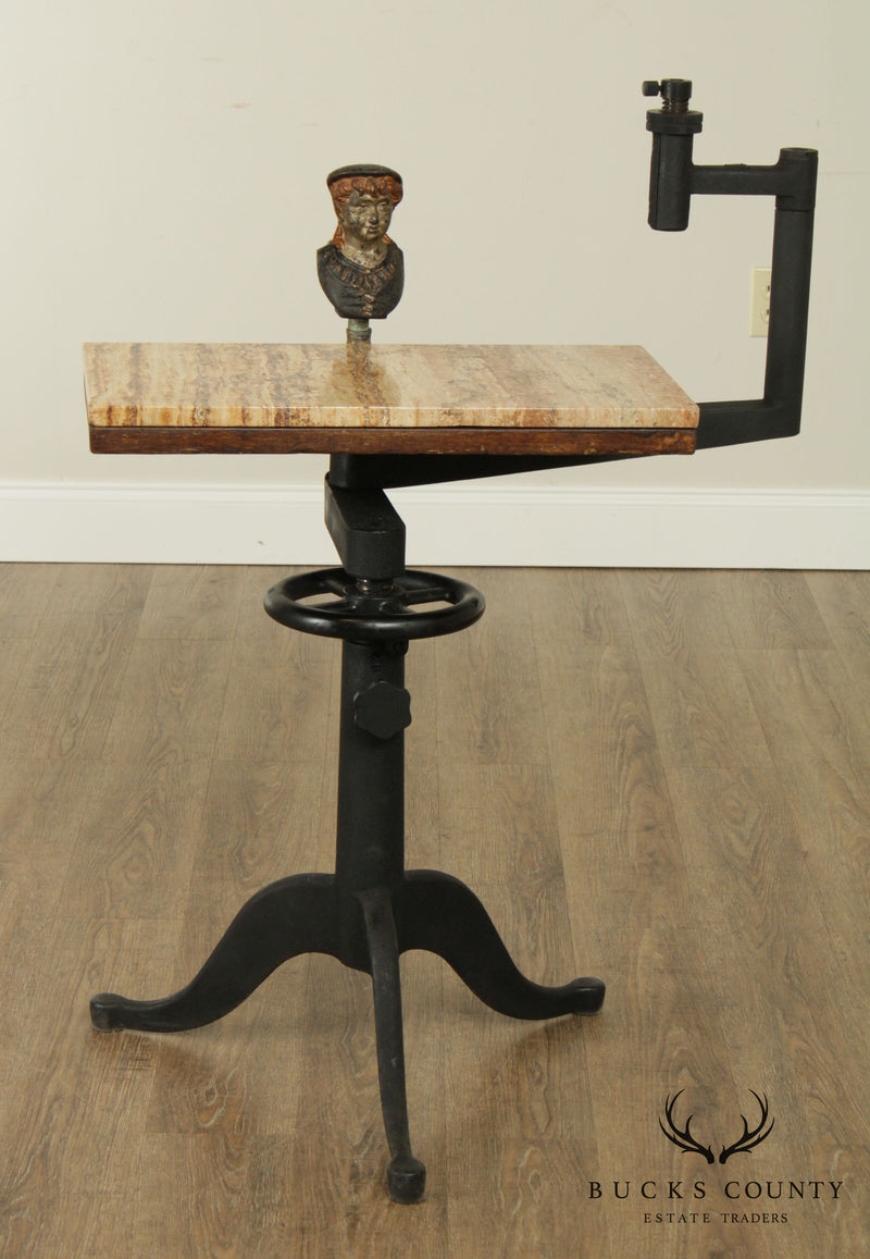 Industrial Work Table Converted to Side Table with Marble Top