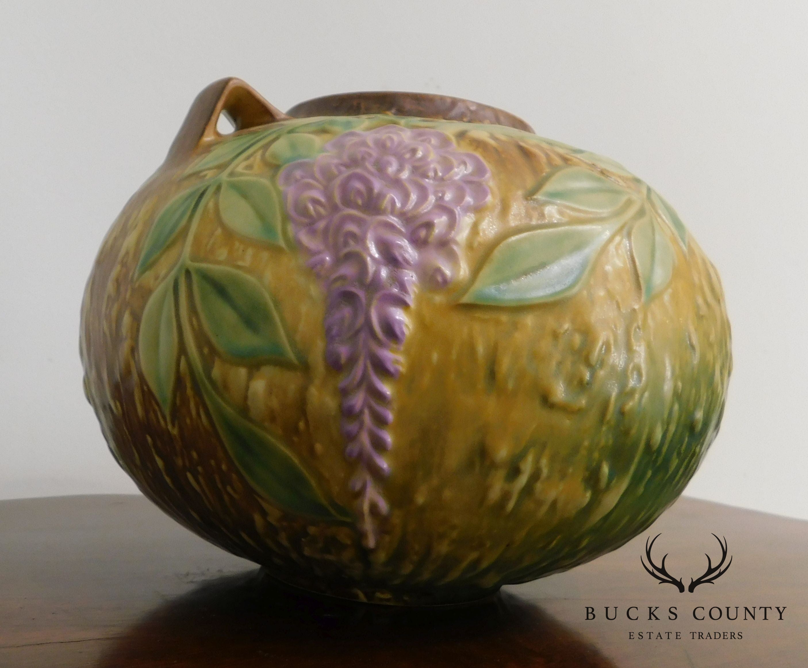 Roseville "Wisteria" Double-Handled Bulbous Vase in Tan