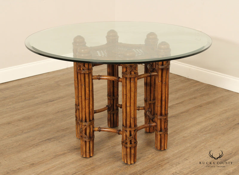 Drexel Heritage British Colonial Style Round Glass Top Bamboo Pedestal Dining Table