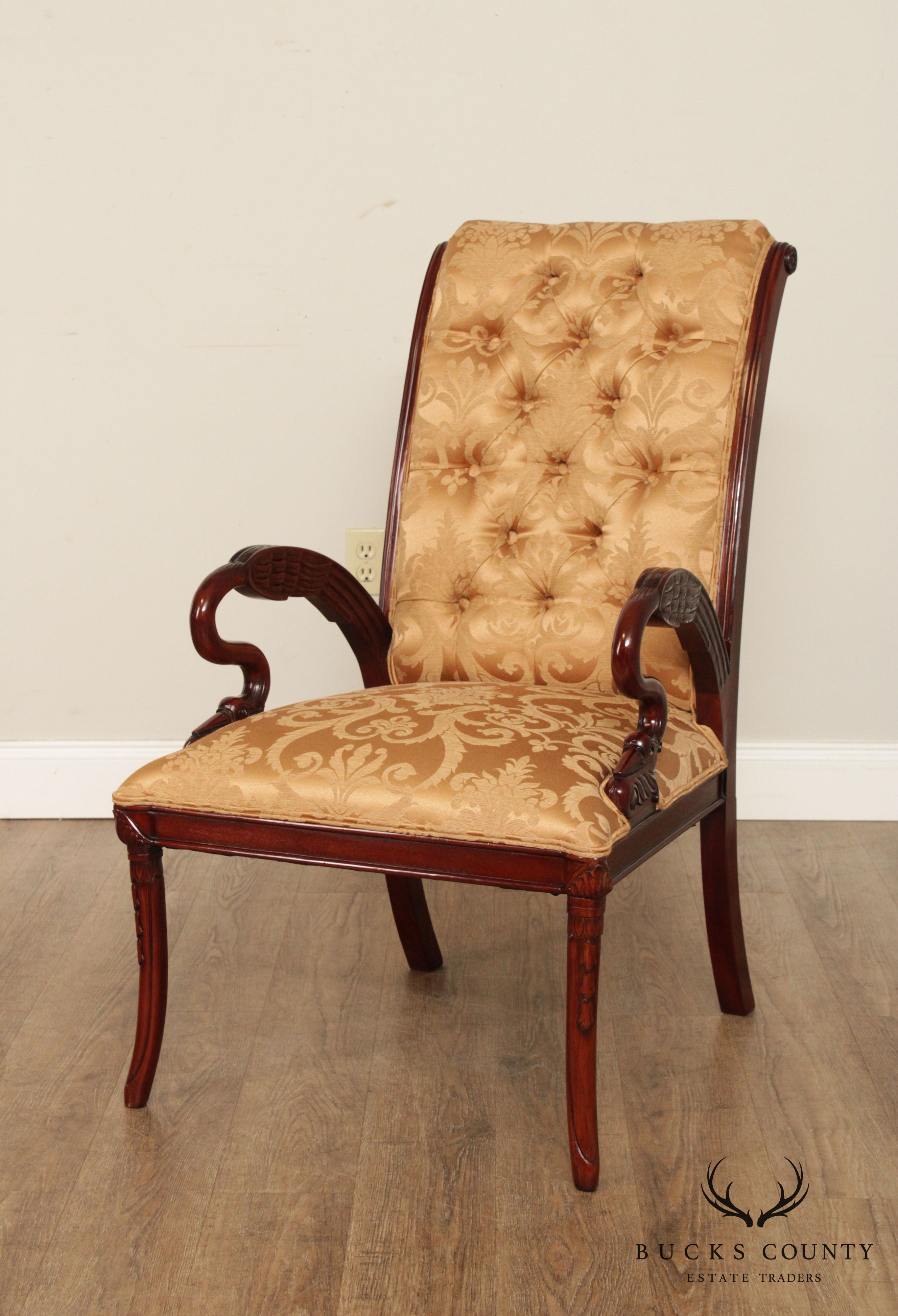 French Regency Style Carved Mahogany Pair Armchairs