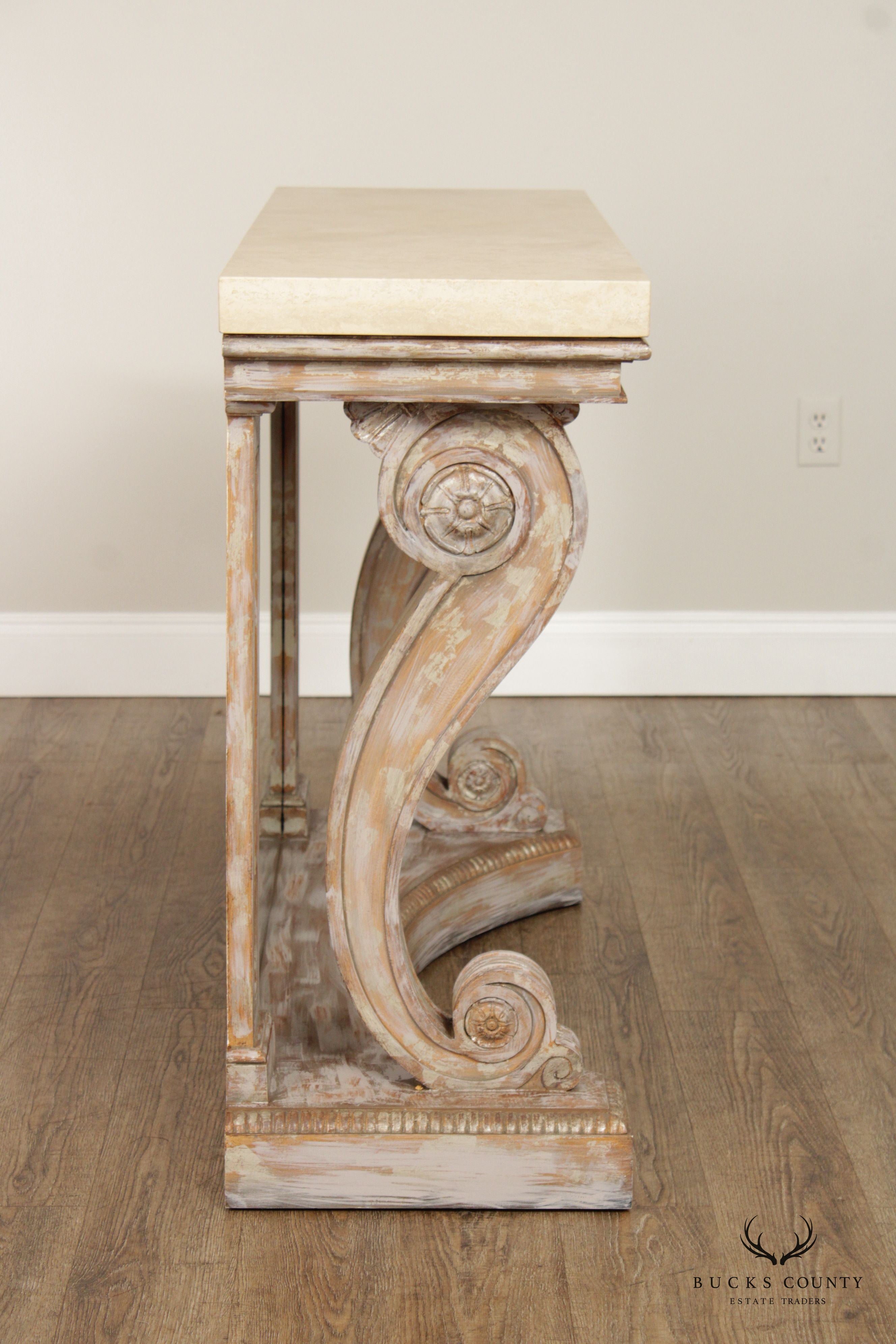 Niermann Weeks Neoclassical Empire Style Pair of Scroll Carved Travertine Top 'Blenheim' Consoles