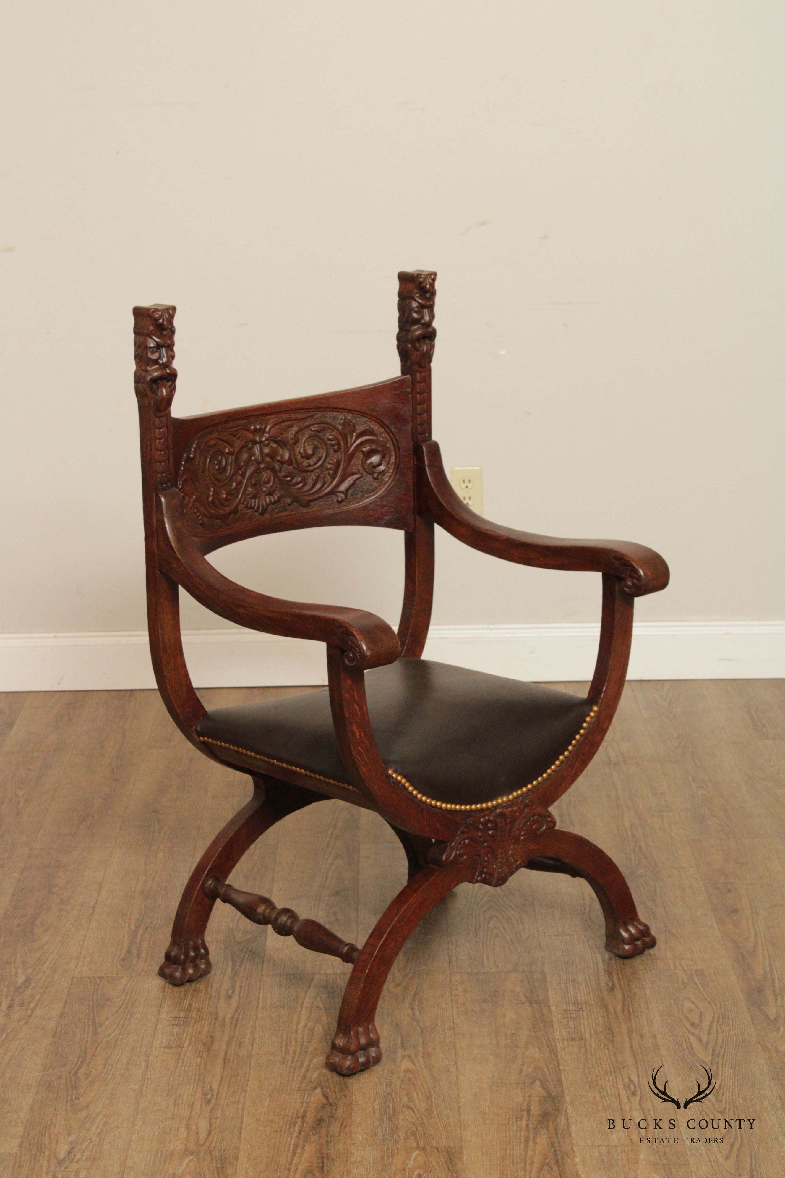 Antique Renaissance Revival Oak Carved  Savonarola Armchair