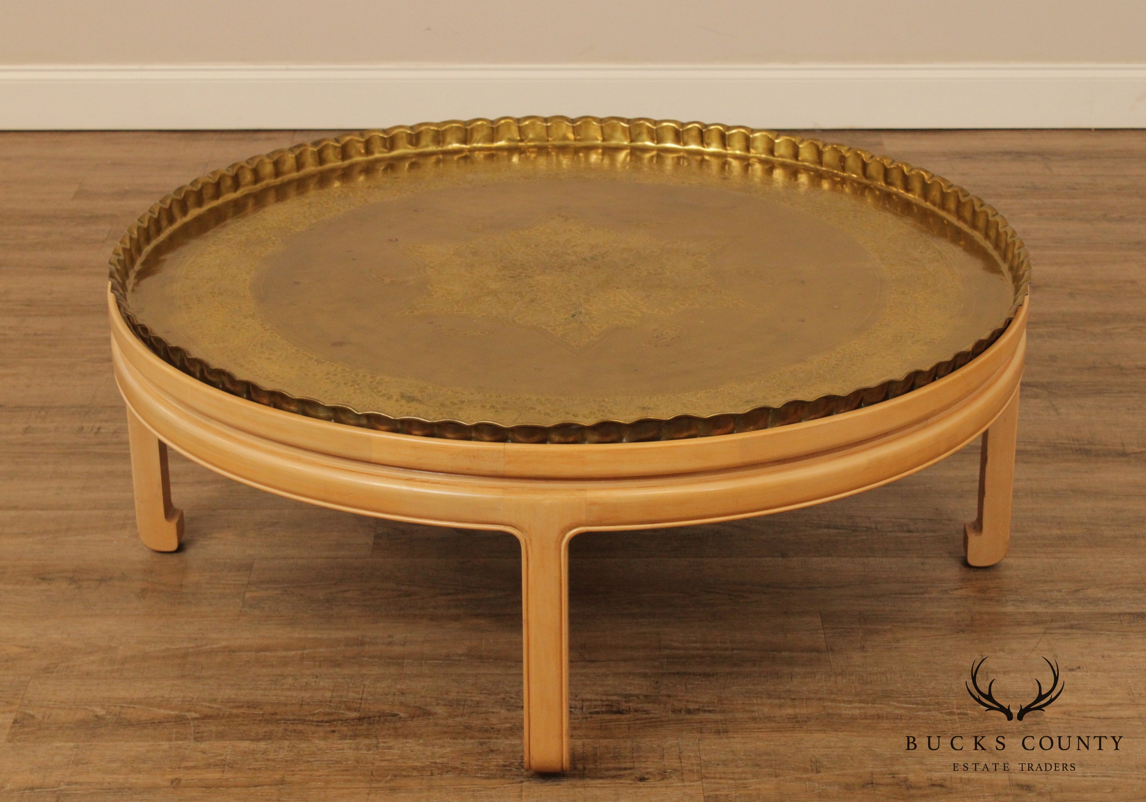 Mid Century Asian Inspired Round Brass Tray Top Coffee Table