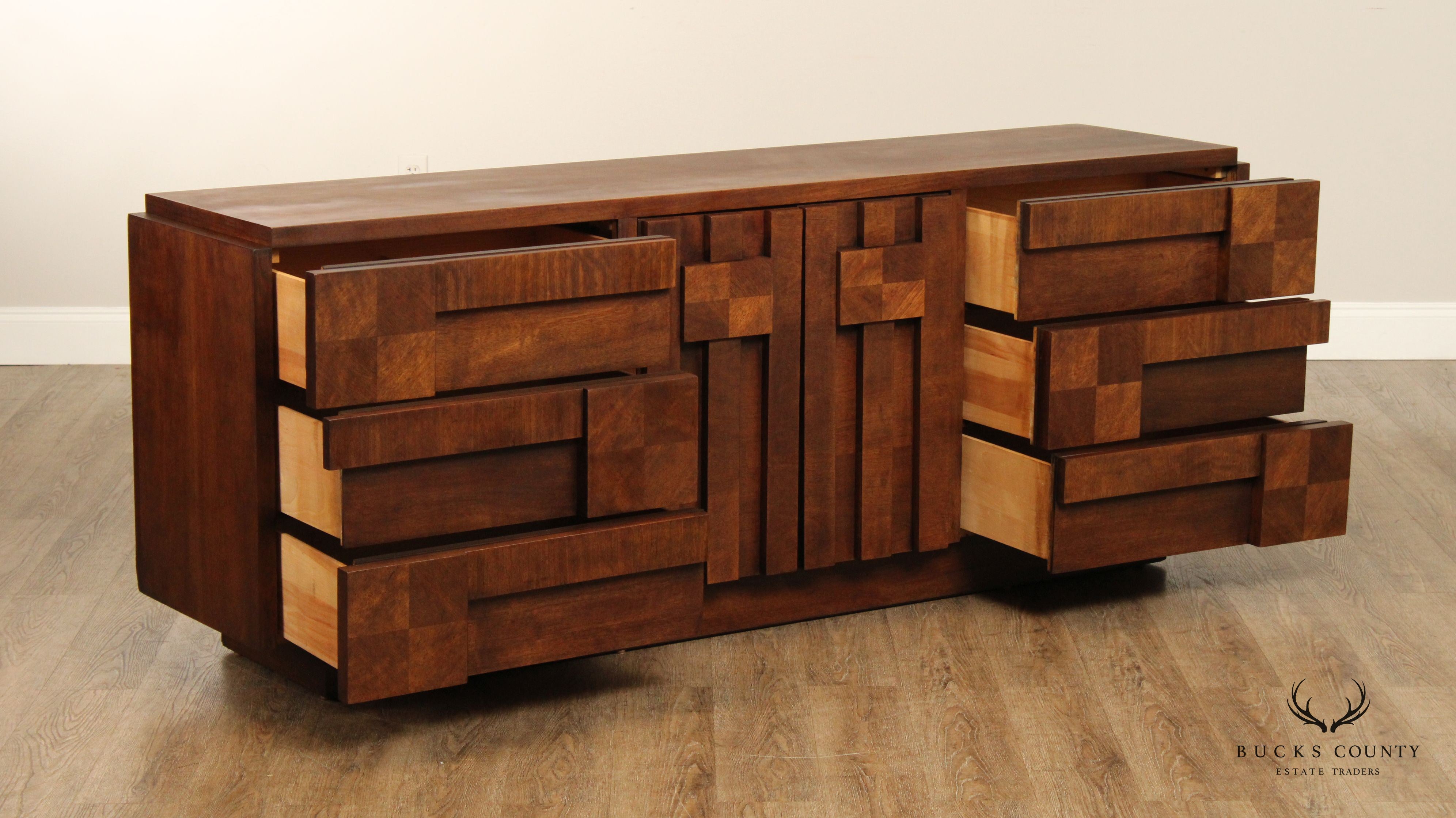 Lane Mid Century Modern Brutalist Walnut Long Dresser