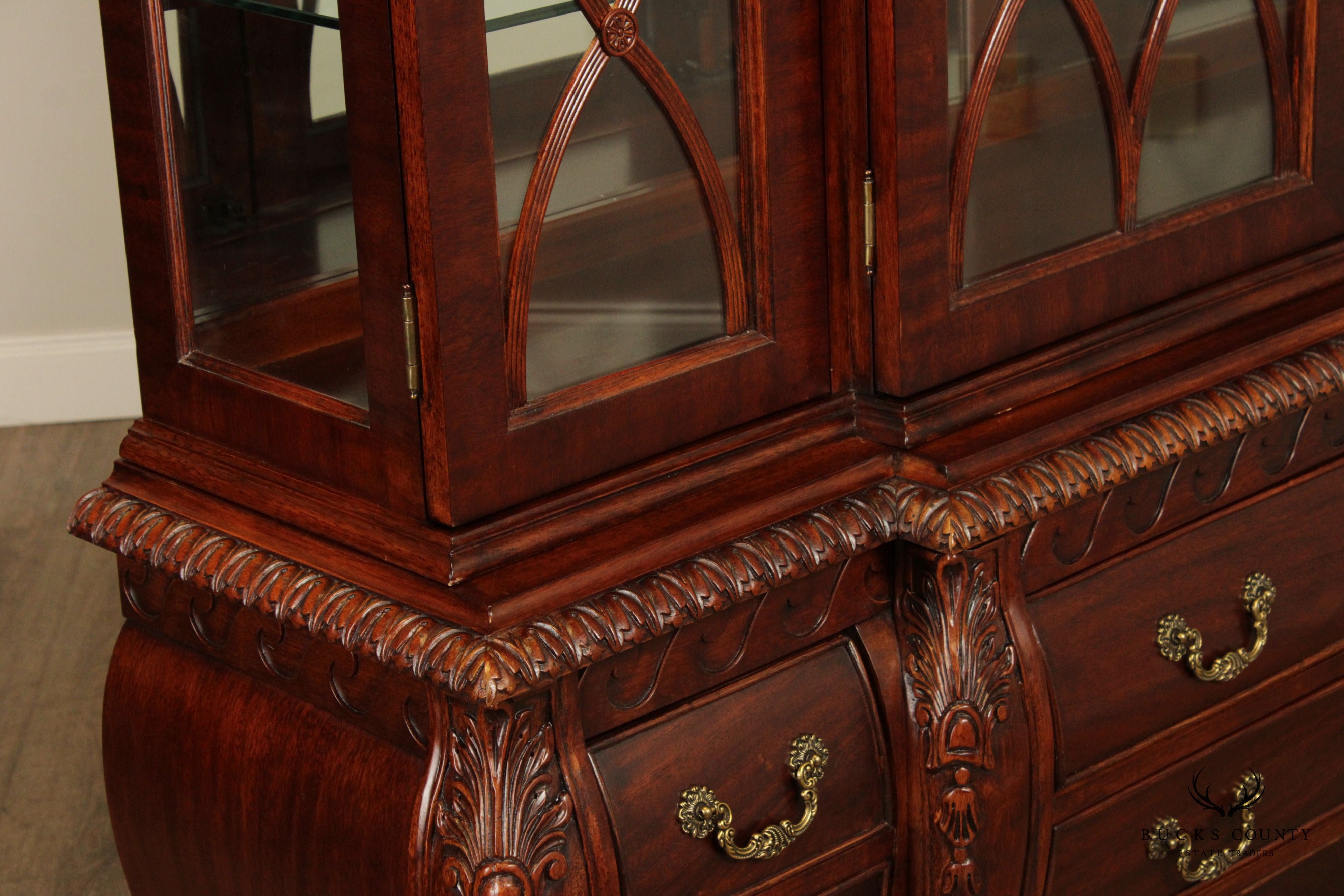 Federal Style Carved Mahogany Lighted Breakfront China Cabinet