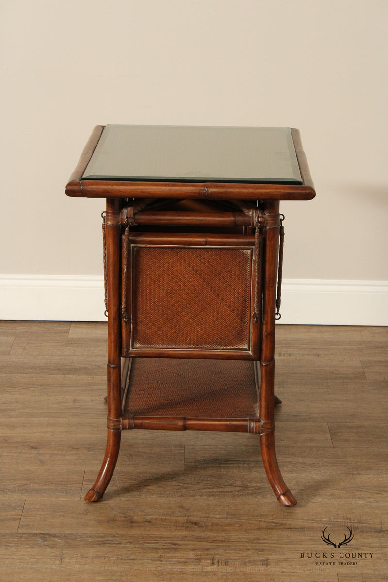 Vintage Pair of Glass Top Bamboo and Wicker Drop-Leaf Side Tables