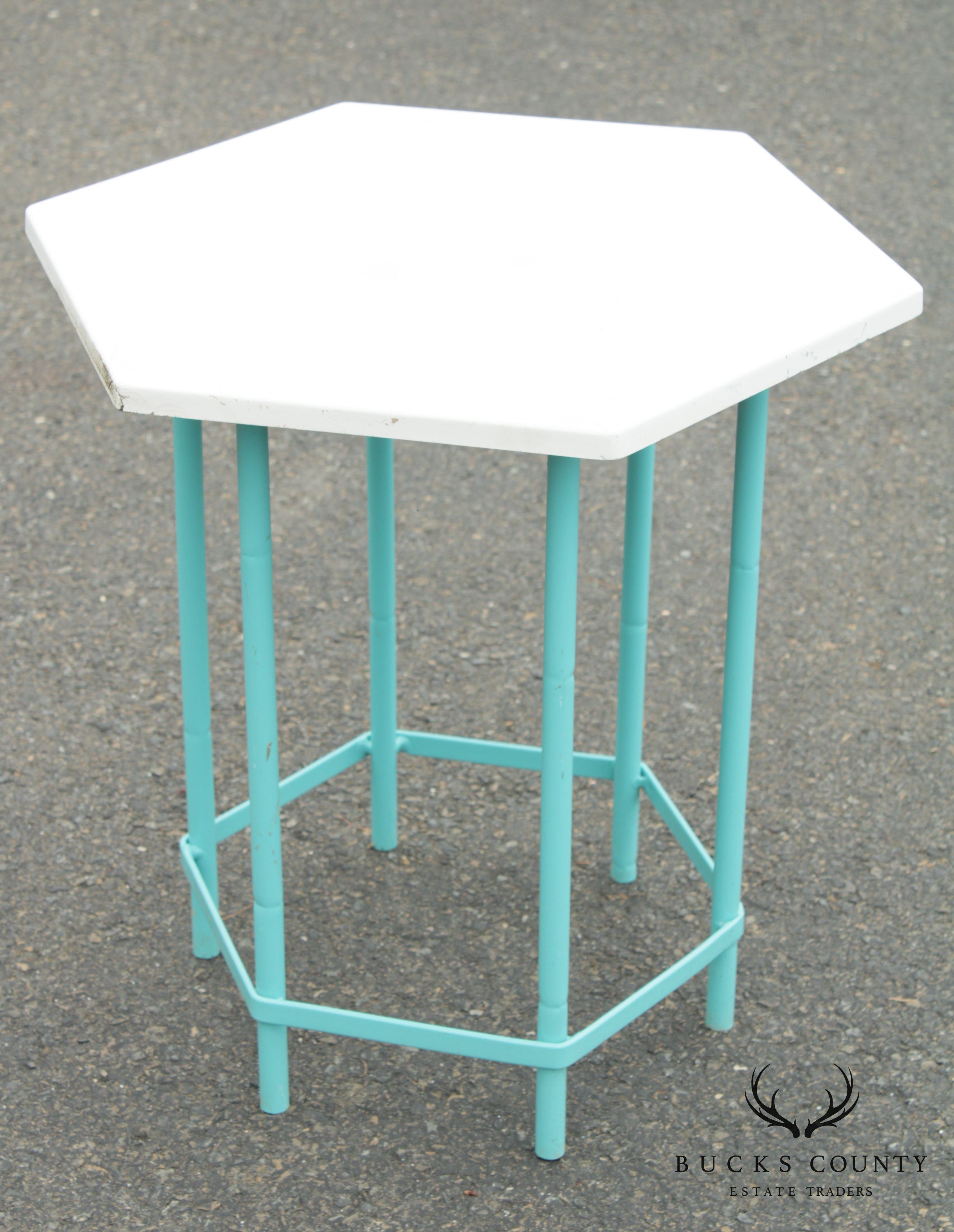 Mid Century Modern Teal Painted Base Hexagon Top Patio Side Table