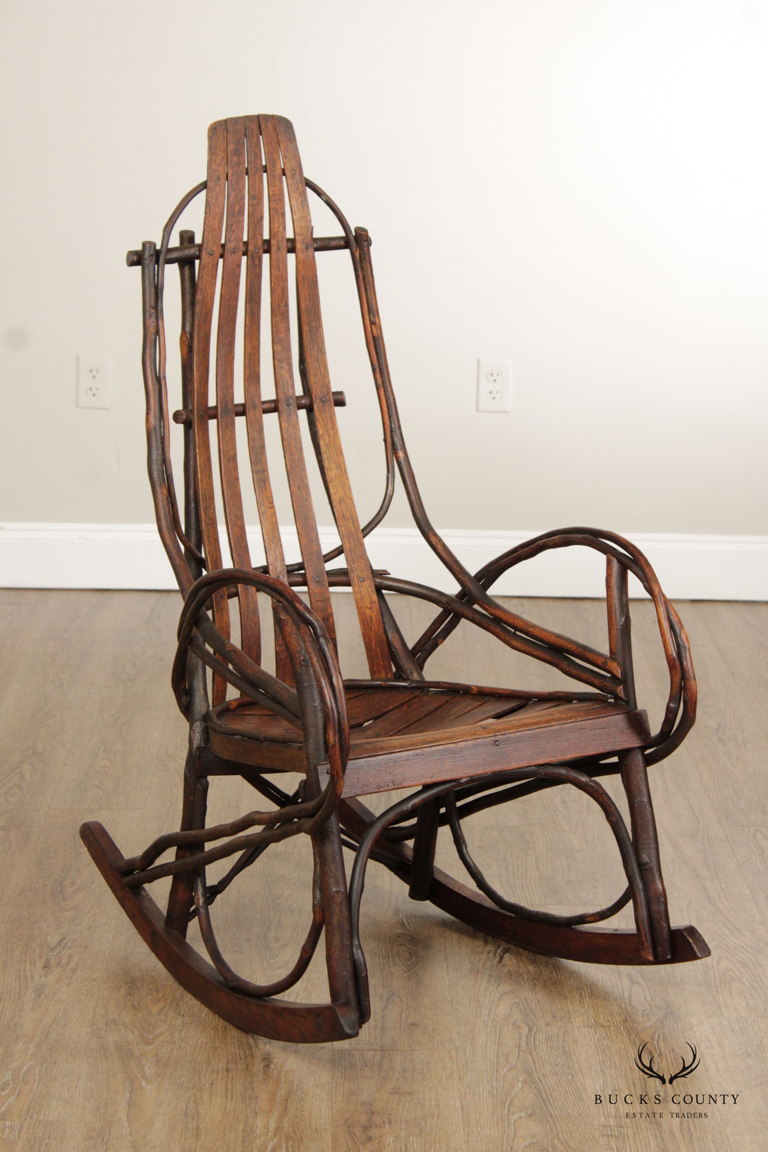 ADIRONDACK STYLE OAK AND BENT HICKORY ROCKER