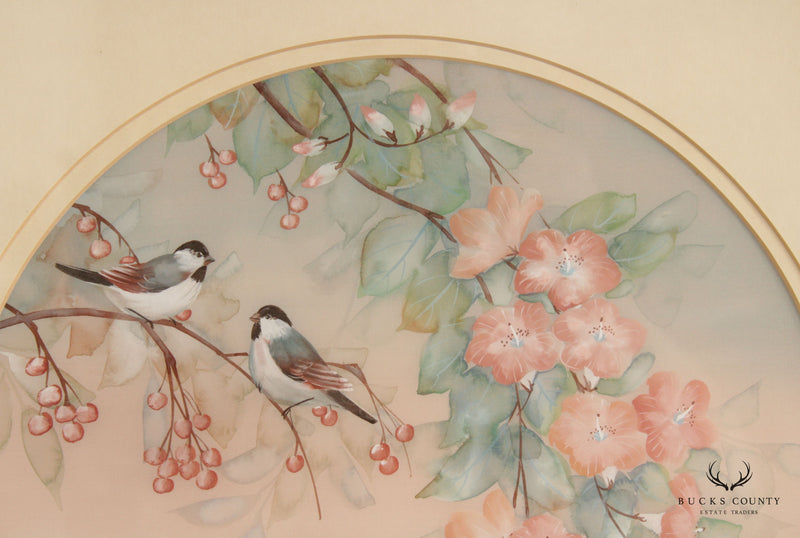 Chinese 20th C. Birds and Floral Silk Painting, Signed 'J. Cheng'