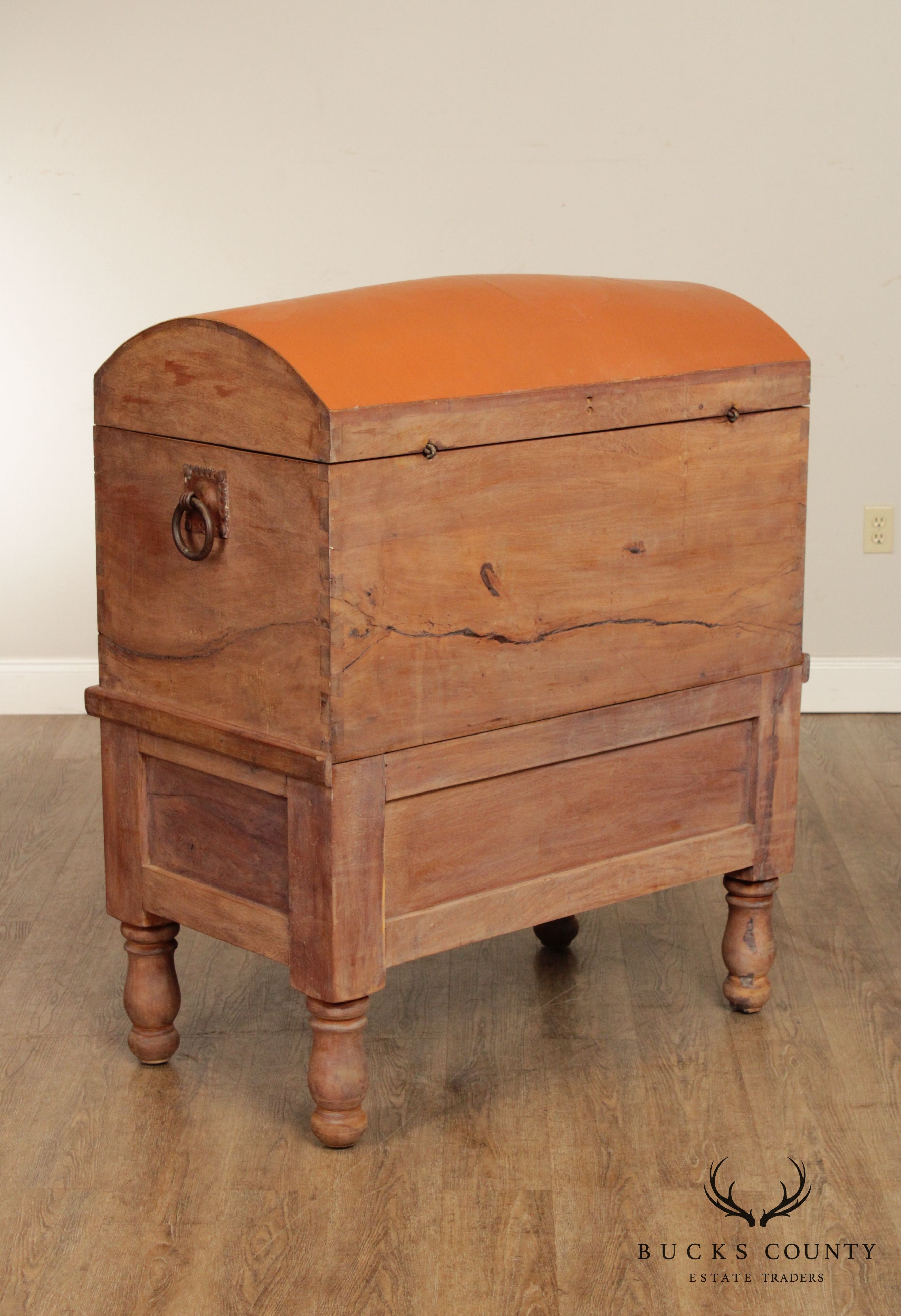 Antique 19th C. Leather Wrapped Hardwood Chest with Iron Crocodile Hardware