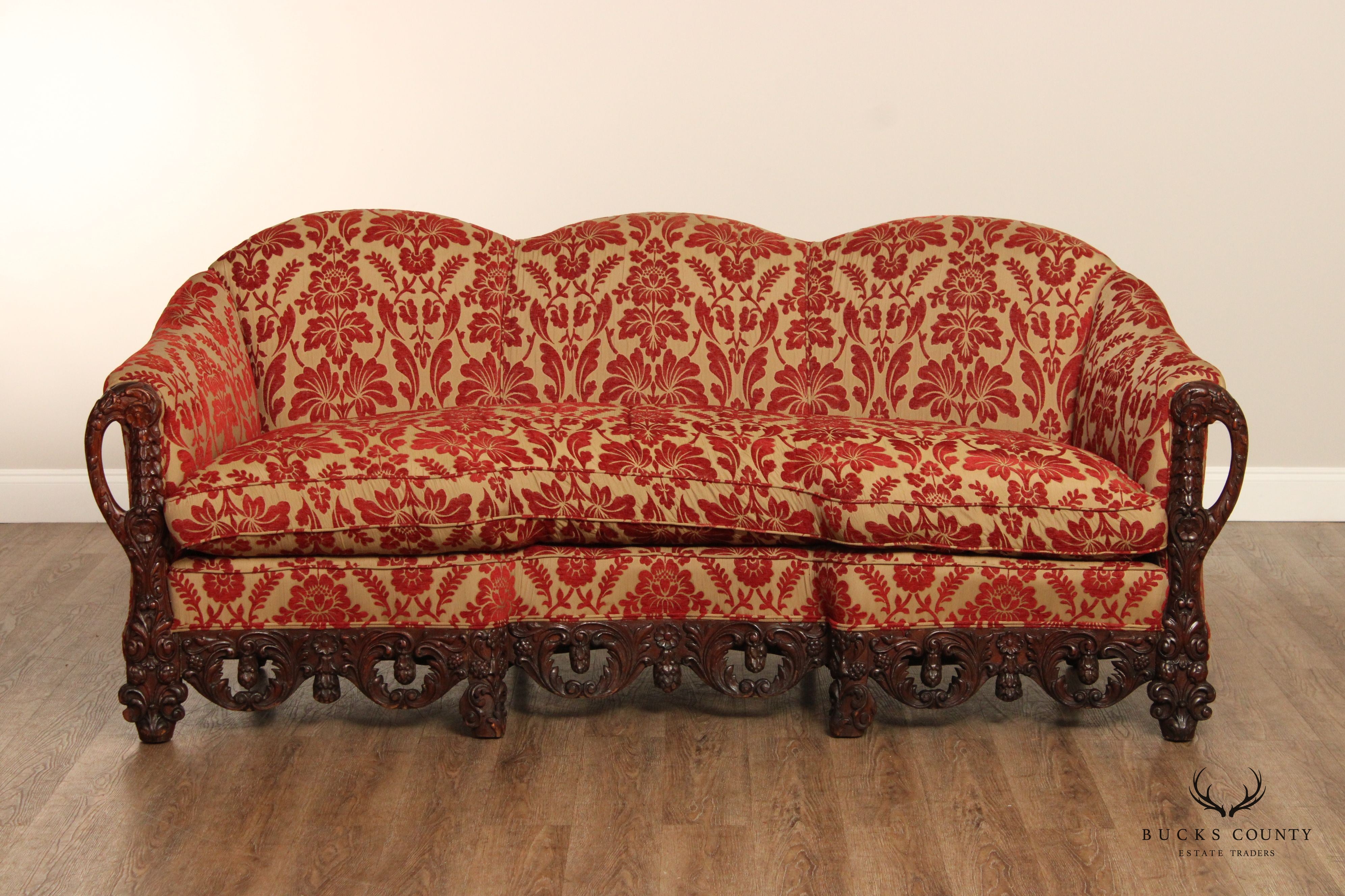 Renaissance Revival Ornate Carved and Custom Upholstered Sofa