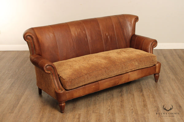 Traditional Brown Leather and Paisley Upholstered Sofa