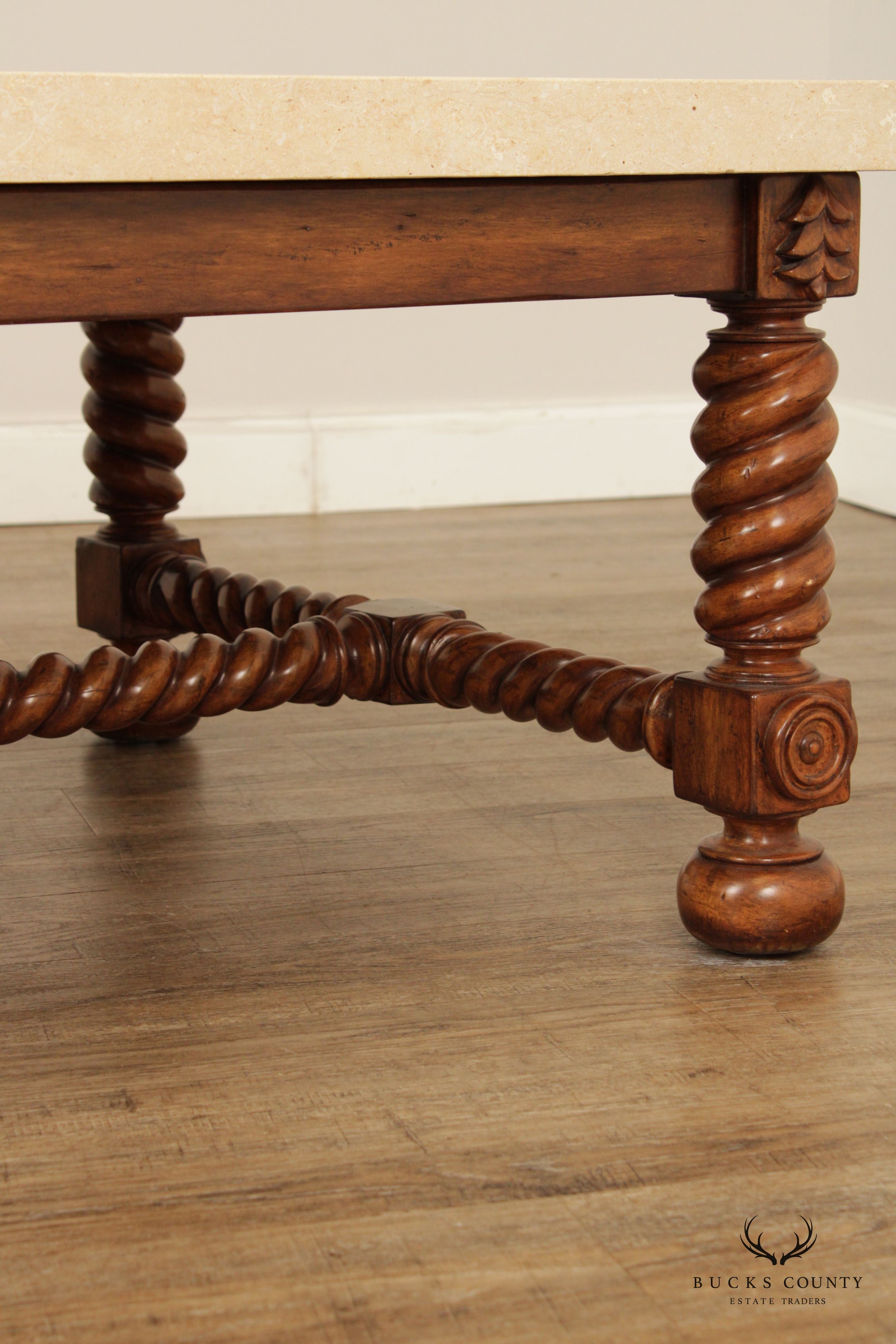 Jacobean Style Barley Twist Travertine Stone Top Coffee Table