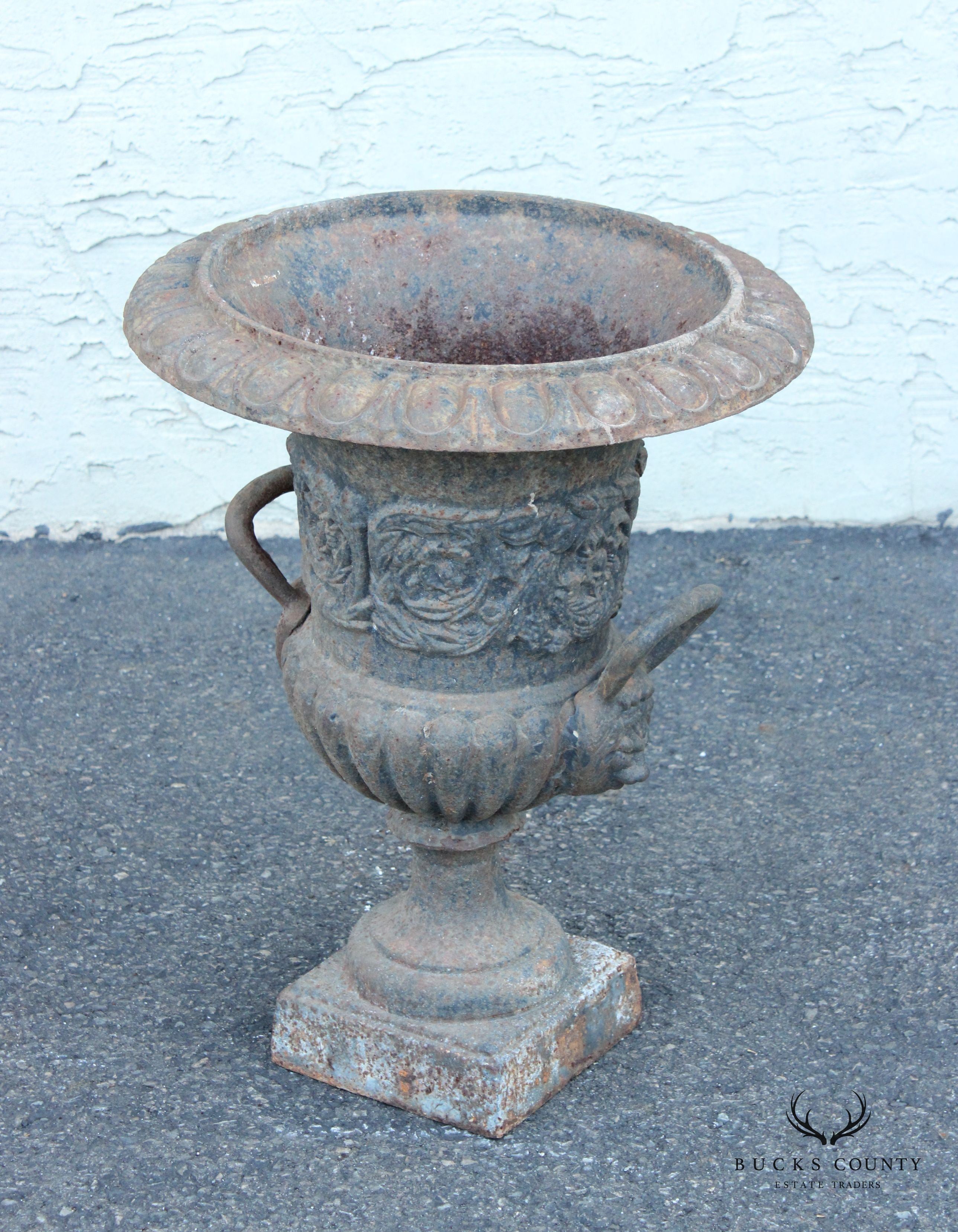 Classical Style Pair Cast Iron Garden Urns with Lion Masks