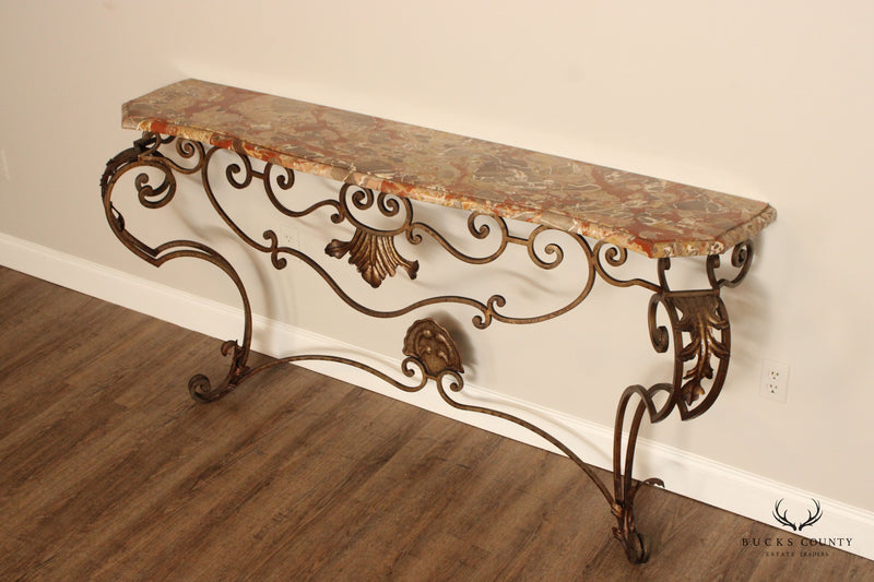 Rococo Style Custom Wrought Iron Marble Top Console Table