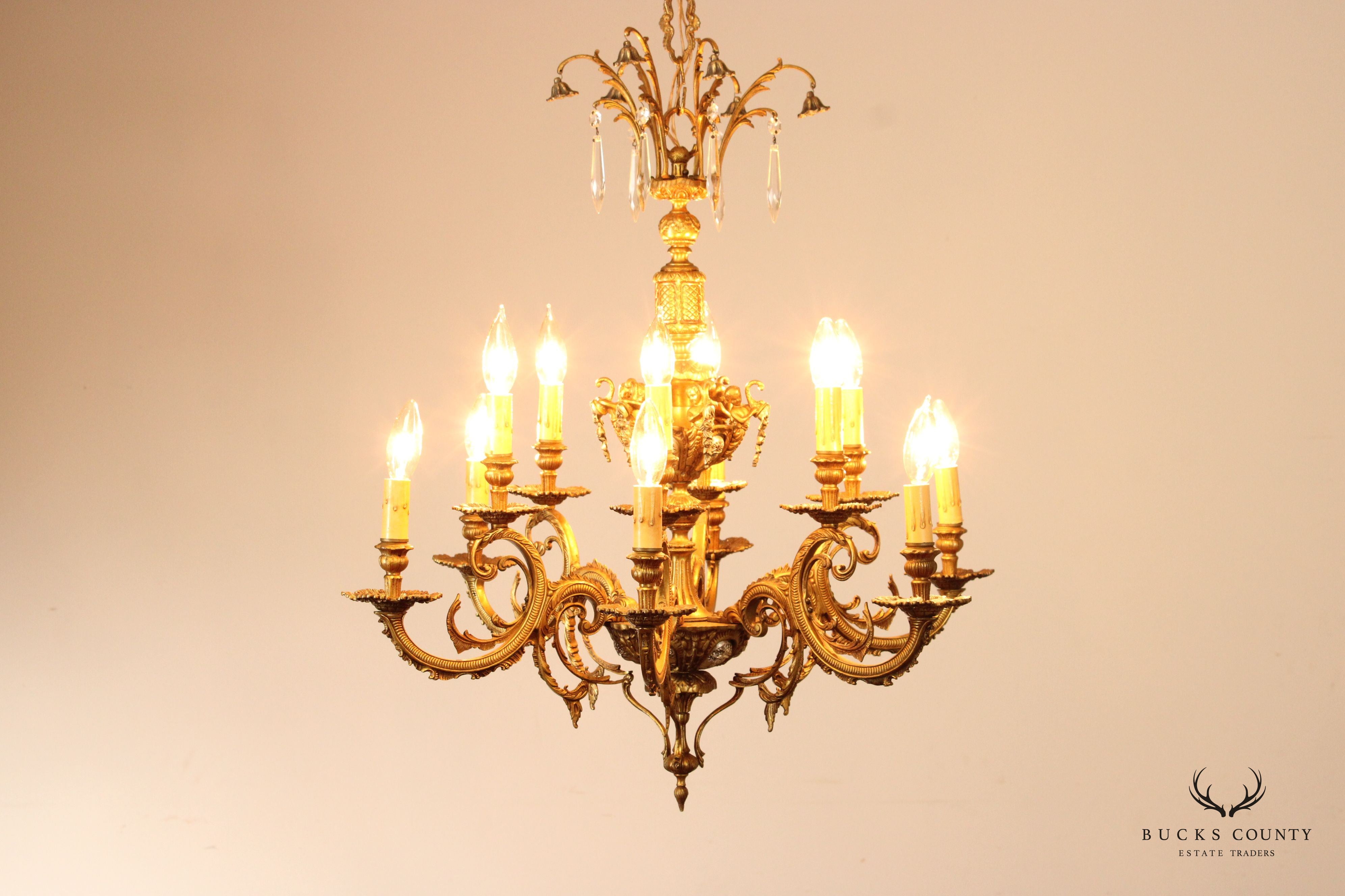 French Louis XIV Style Vintage Gilt Metal Twelve-Light Chandelier