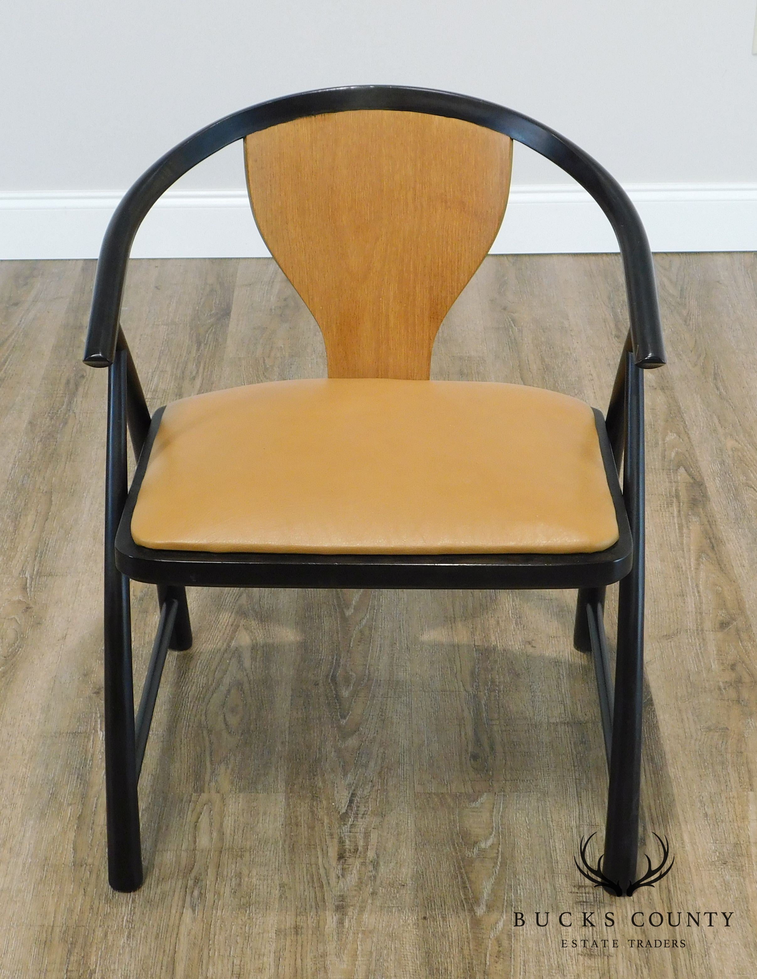 Baker Mid Century Modern Leather Seat Ebonized Armchair Attributed to Tommi Parzinger