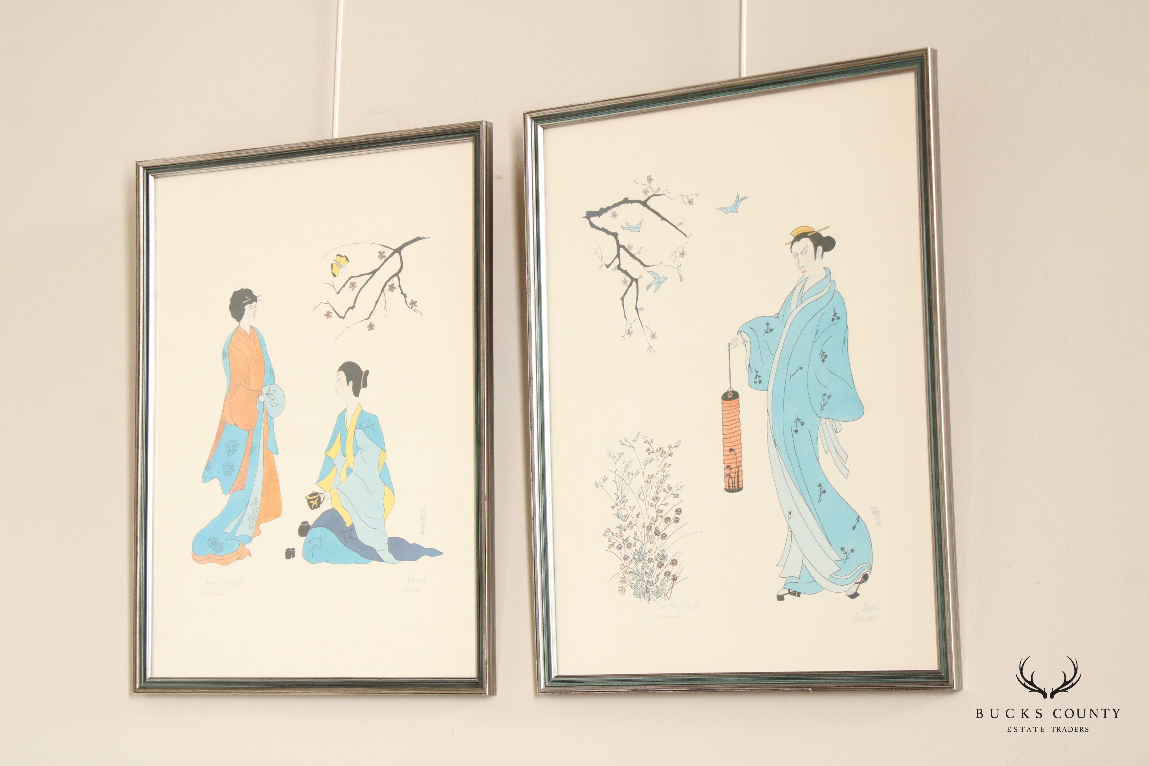 Japanese Traditional Pair of Framed Prints, Signed