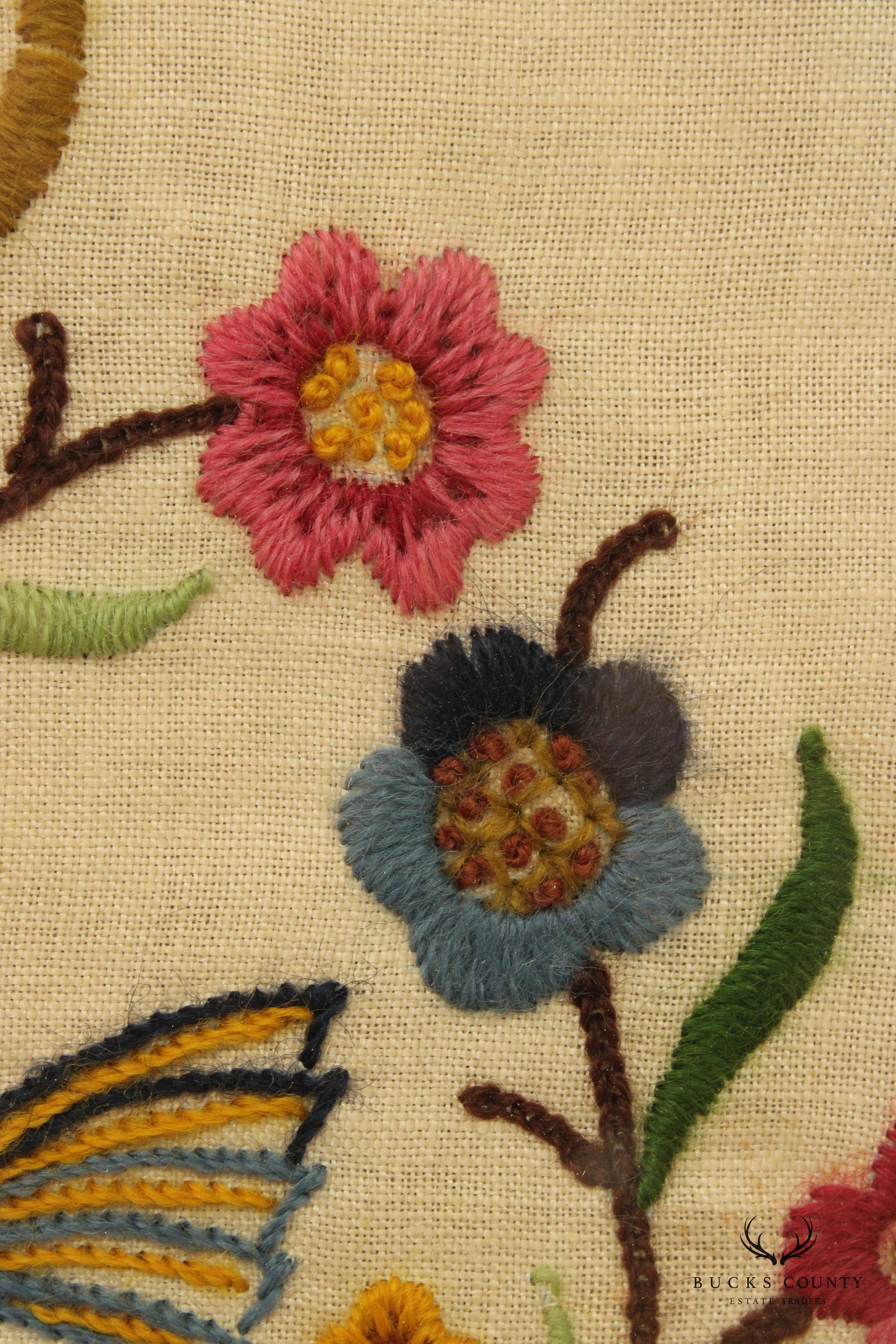 Vintage Crewel Embroidered Linen Textile, Custom Framed